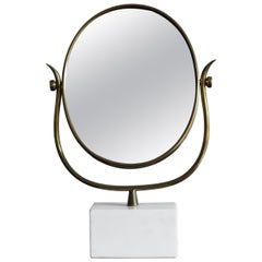 Italian White Marble Brass Table Mirror or Toeletta Mirror, 1950s