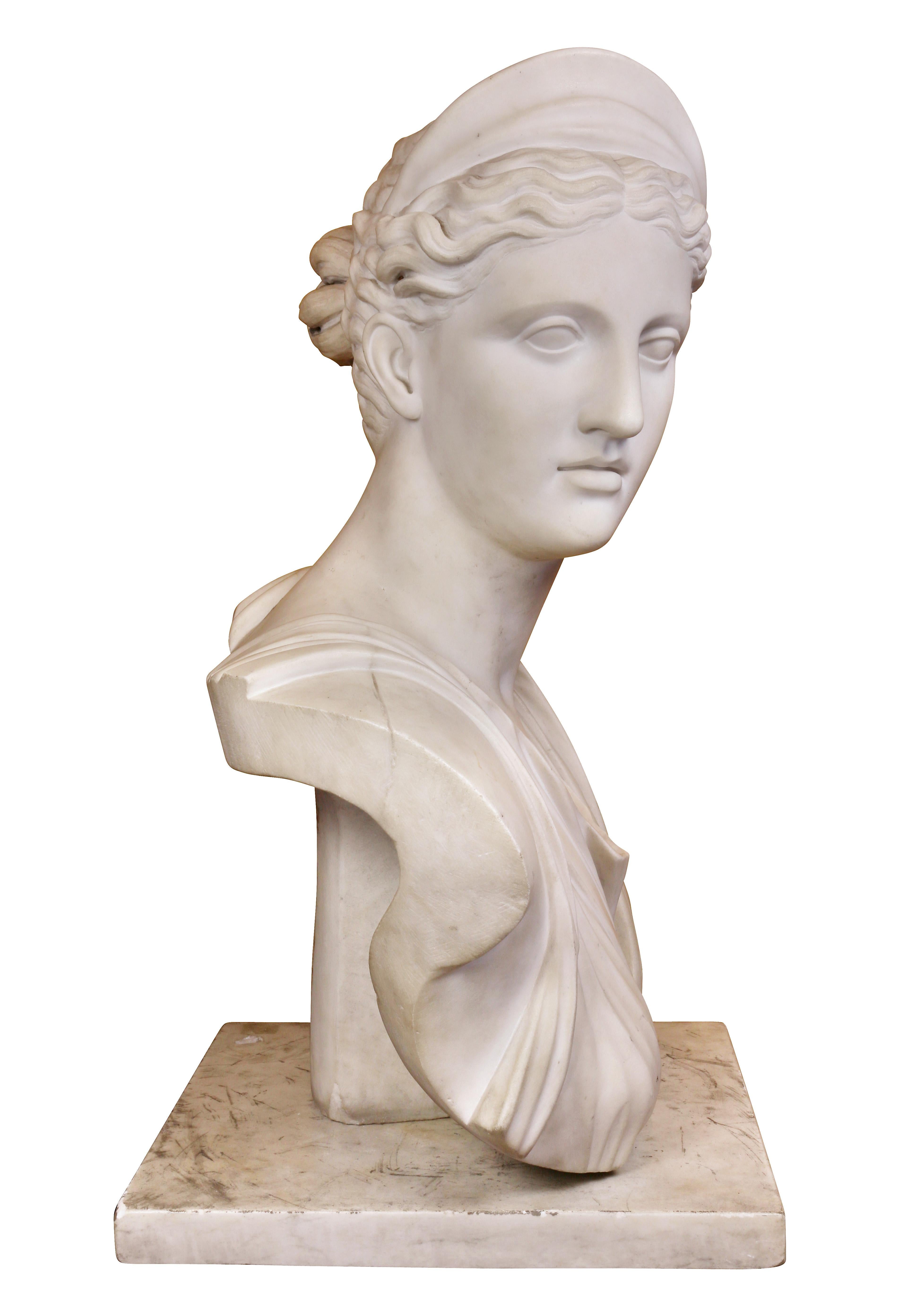 Classical Roman Italian White Marble Bust of Diana on a Faux Sienna Marble Base