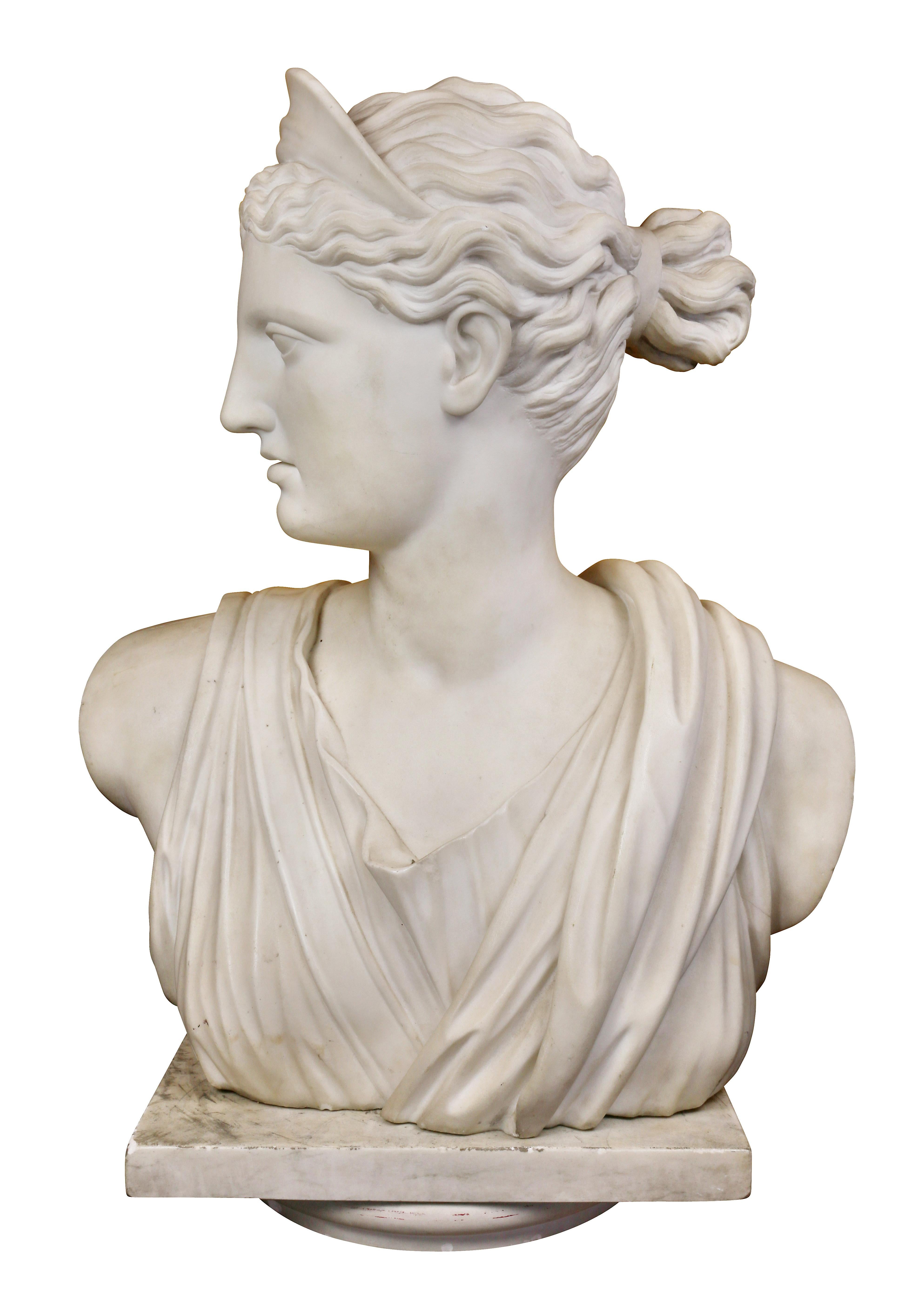 19th Century Italian White Marble Bust of Diana on a Faux Sienna Marble Base