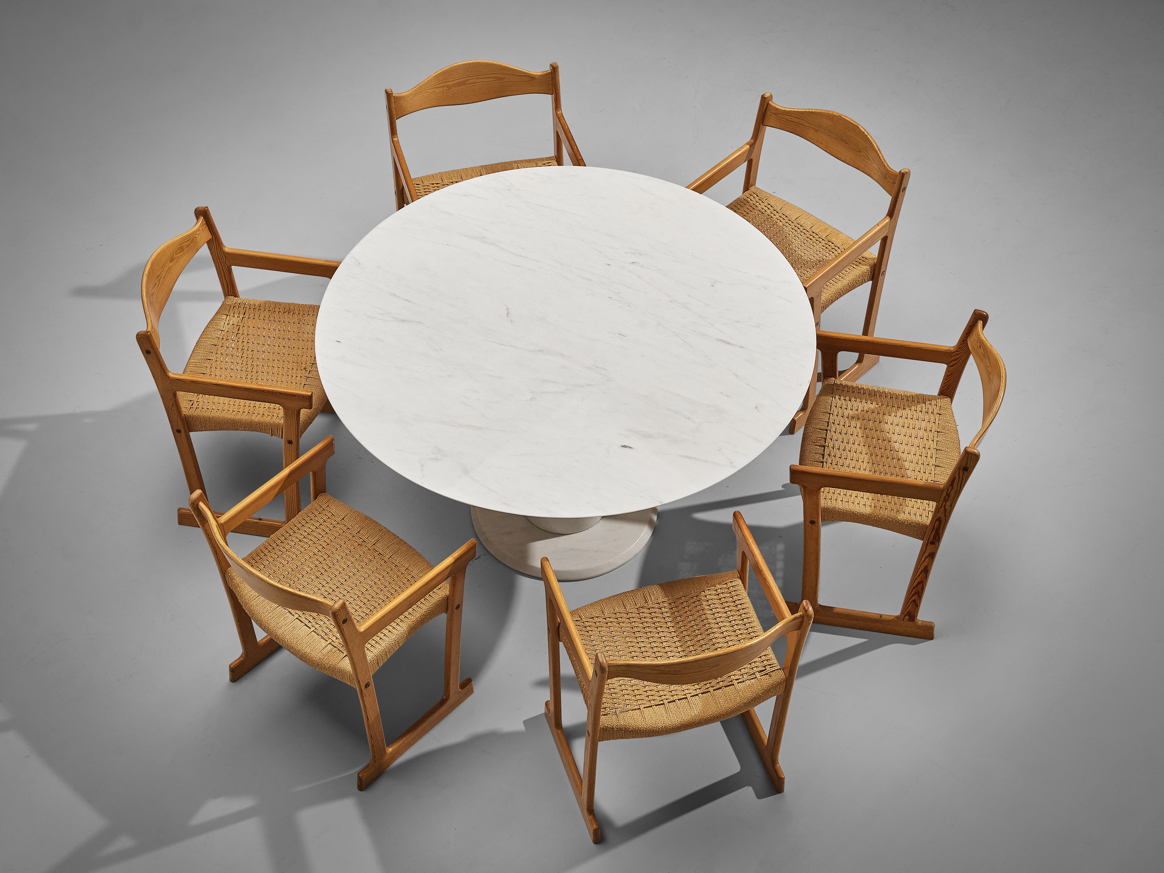 Italian White Marble Dining Table with Set of Six Swedish Dining Chairs in Pine 4