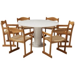 Italian White Marble Dining Table with Set of Six Swedish Dining Chairs in Pine