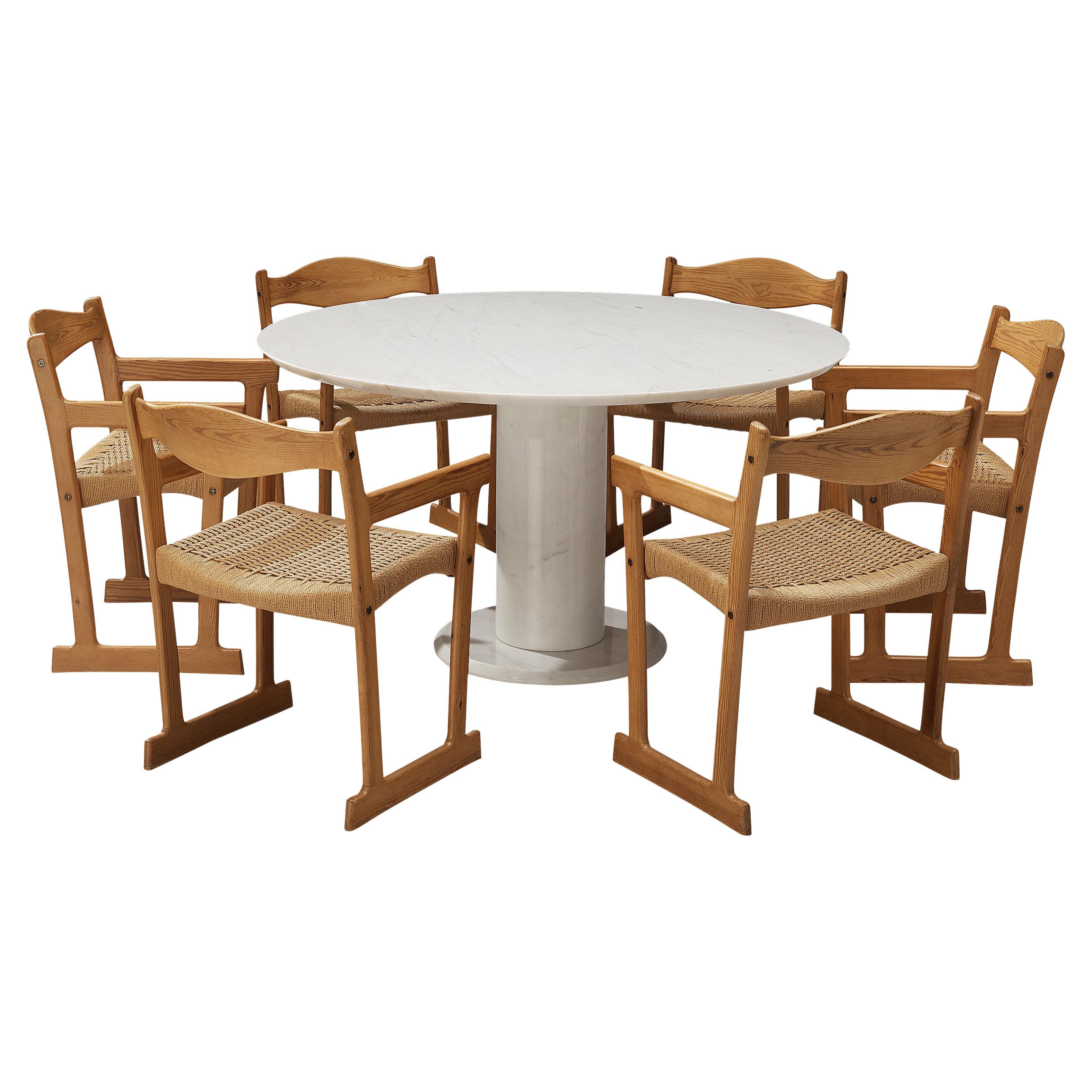 Italian White Marble Dining Table with Set of Six Swedish Dining Chairs in Pine