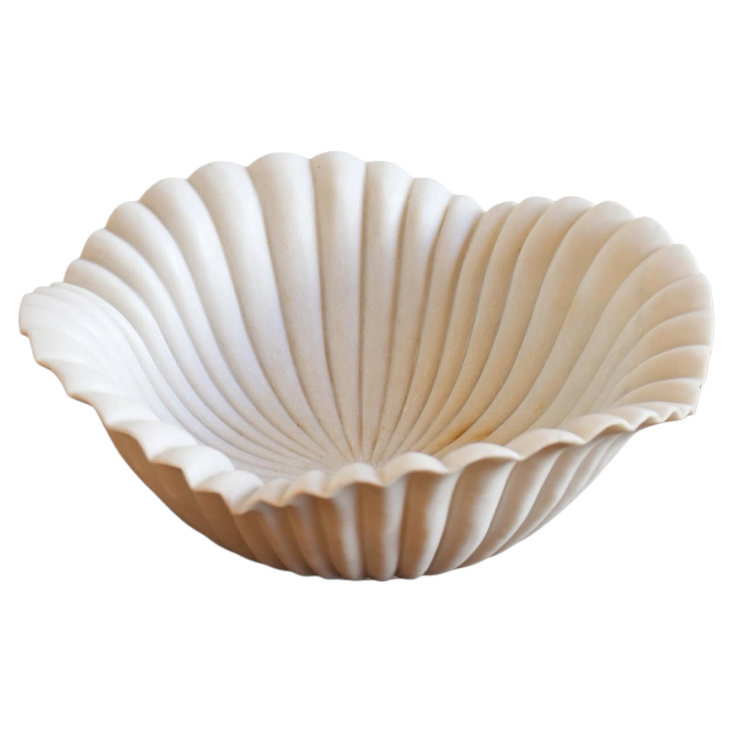 Hand-Crafted Italian White Marble Shell Bowl, Mid-Century Modern