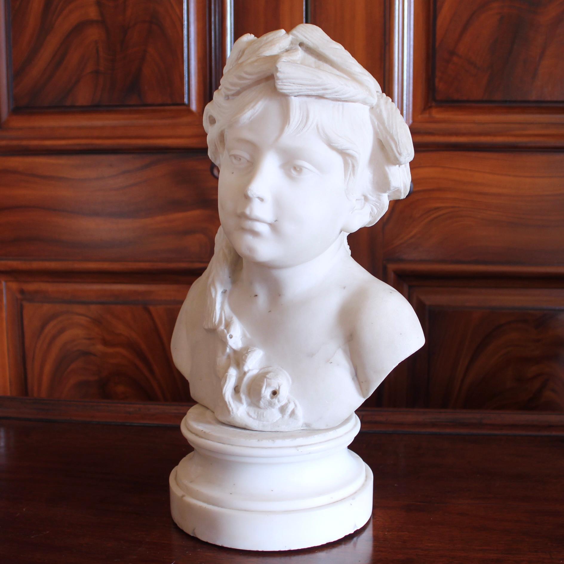 Neoclassical Revival Italian White Marble Sculpture Bust Of A Girl As Ceres For Sale