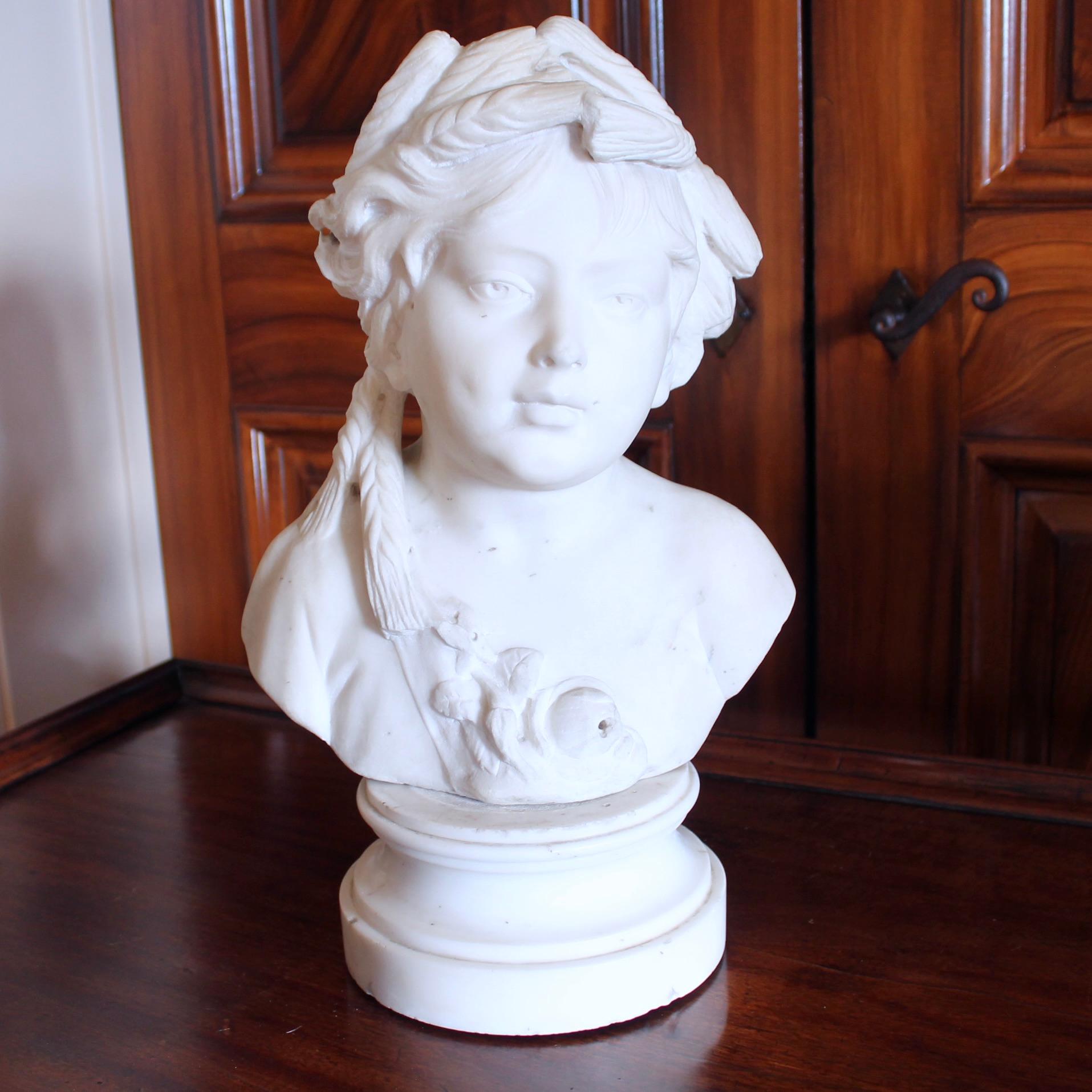 Hand-Carved Italian White Marble Sculpture Bust Of A Girl As Ceres For Sale