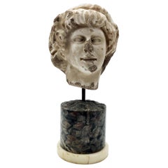 Antique Italian White Marble Sculpture Head of Pan on Specimen Ancient Marble Pedestal