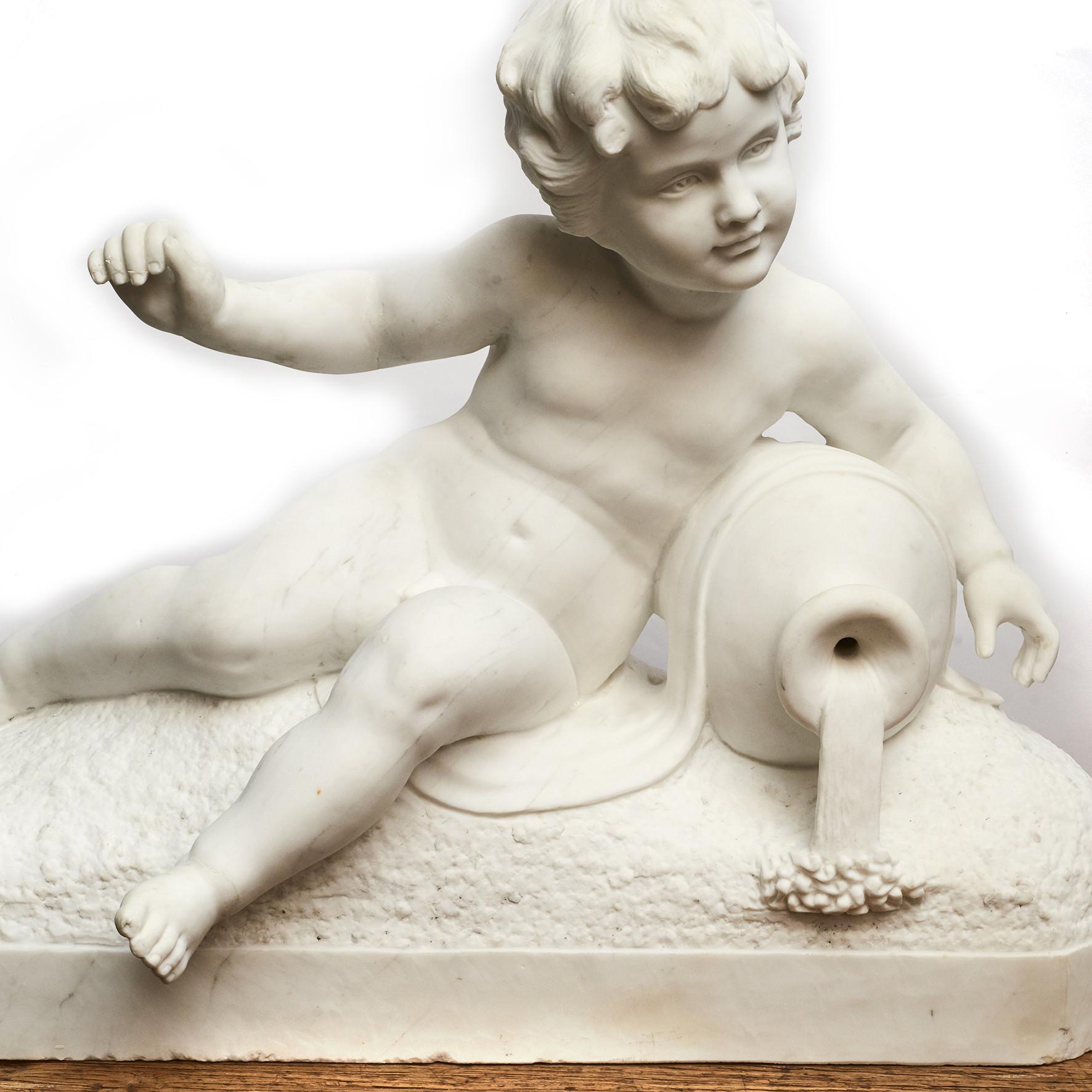 The sculpture shows a boy, lying down pouring water from a pitcher. Made in fine white Italian marble, second half of the 19th century.
Italy, 1860-1880.

An arm and finger has been professionally repaired.
 
  