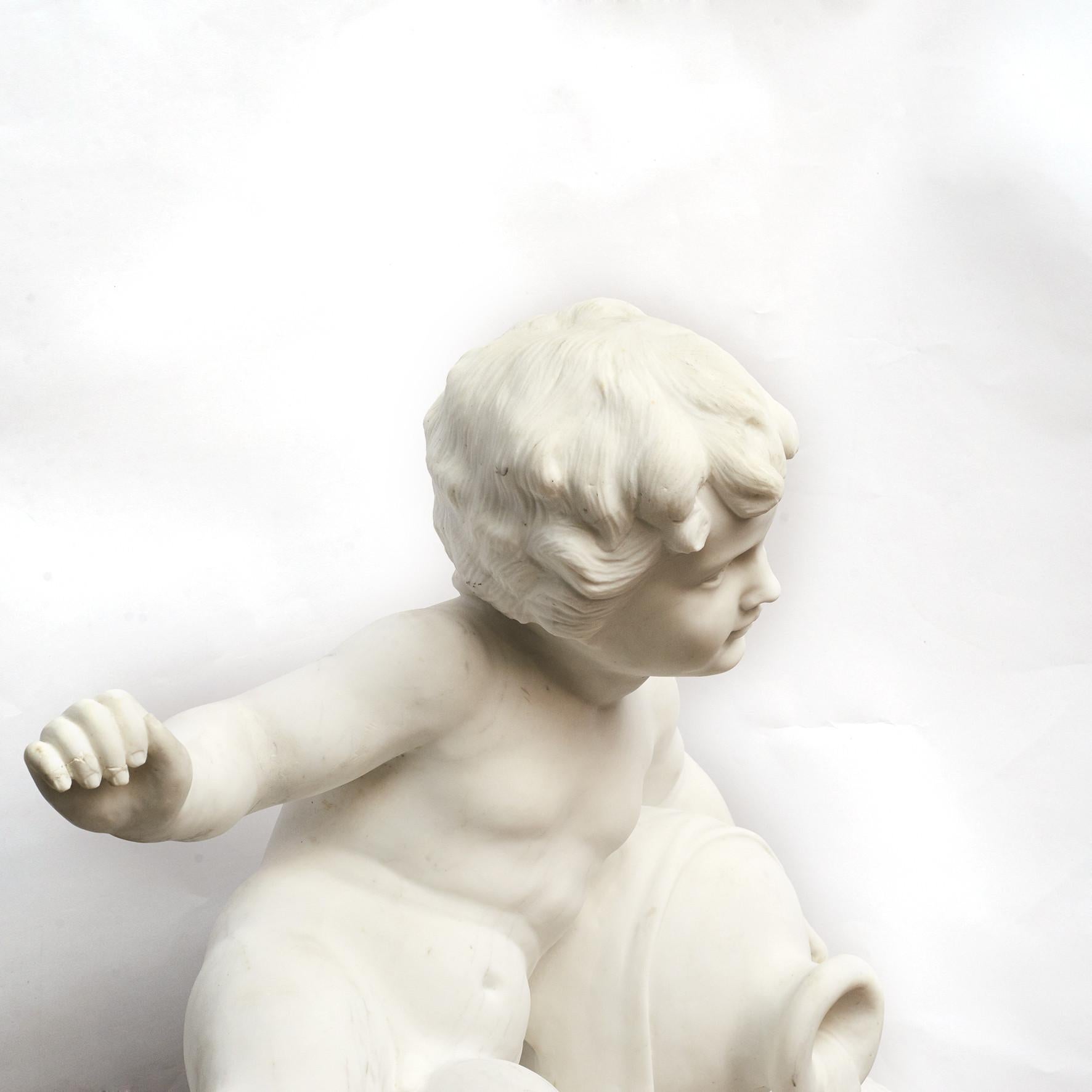 19th Century Italian White Marble Sculpture of a Boy with a Water Pitcher For Sale