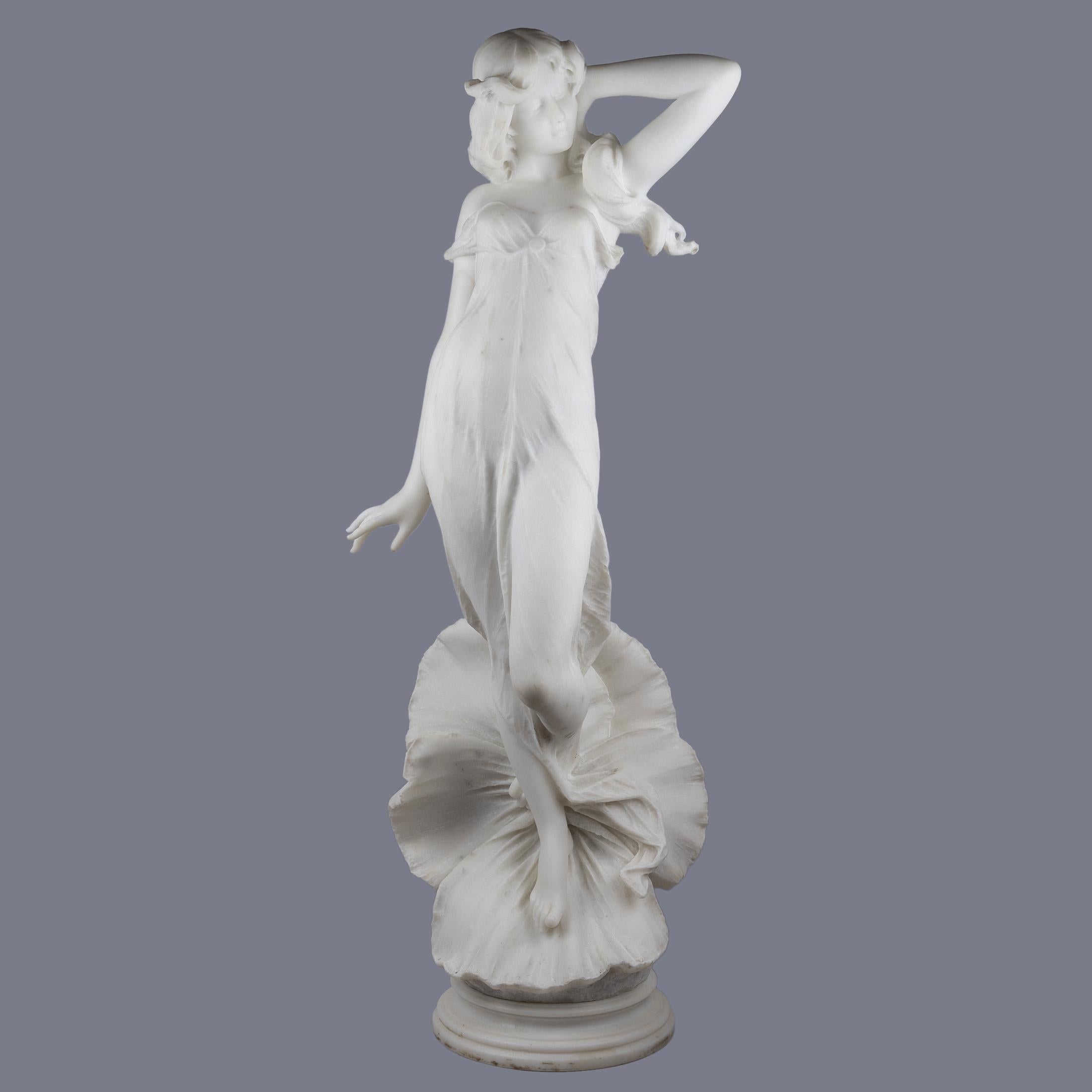 A very desirable Carrara marble sculpture of a female allegorical figure.

Maker: A. Batacchi (XIX-XX)
Origin: Italian
Date: late 19th century
Signed A. Batacchi; Florence
Size: 35 in high.