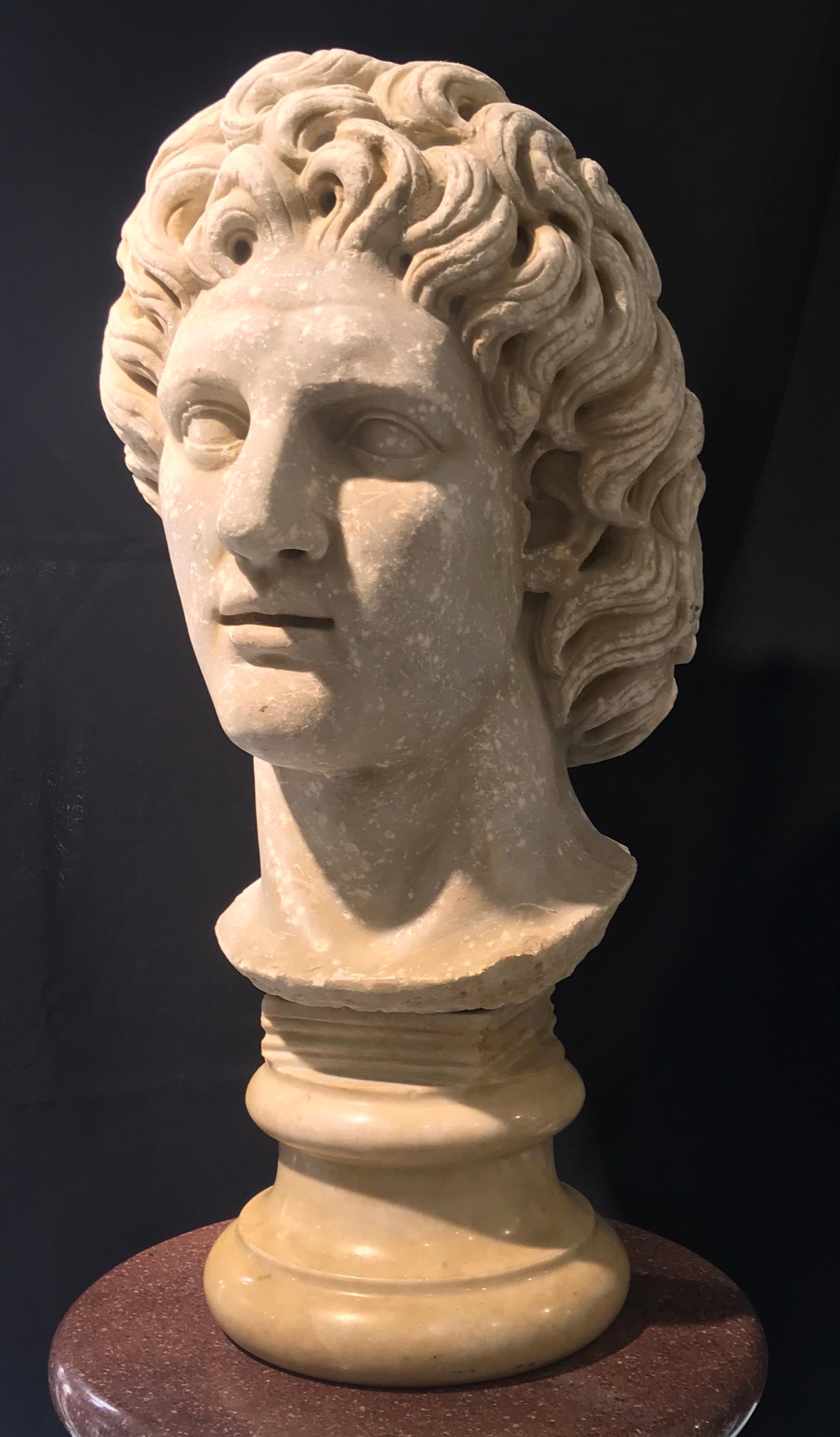 A very impressive and important sculpture of Alexander the Great, carved by hand in white Italian marble as classical style. Alexander the Great was Alexander III of Macedon (20/21 July 356 BC – 10/11 June 323 BC), commonly known as Alexander the