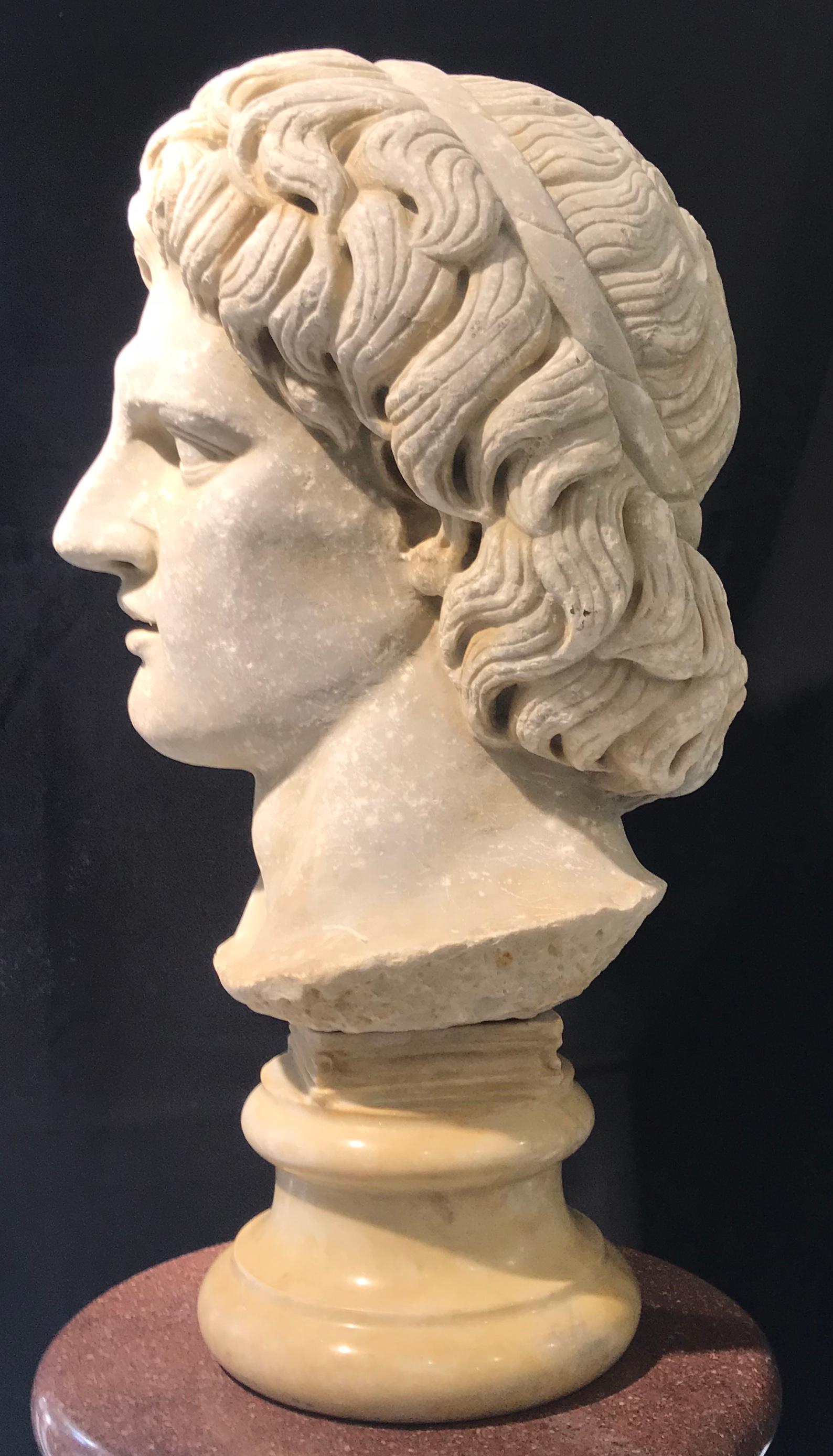 Hand-Carved Italian White Marble Sculpture of Alexander The Great Classical Greek 