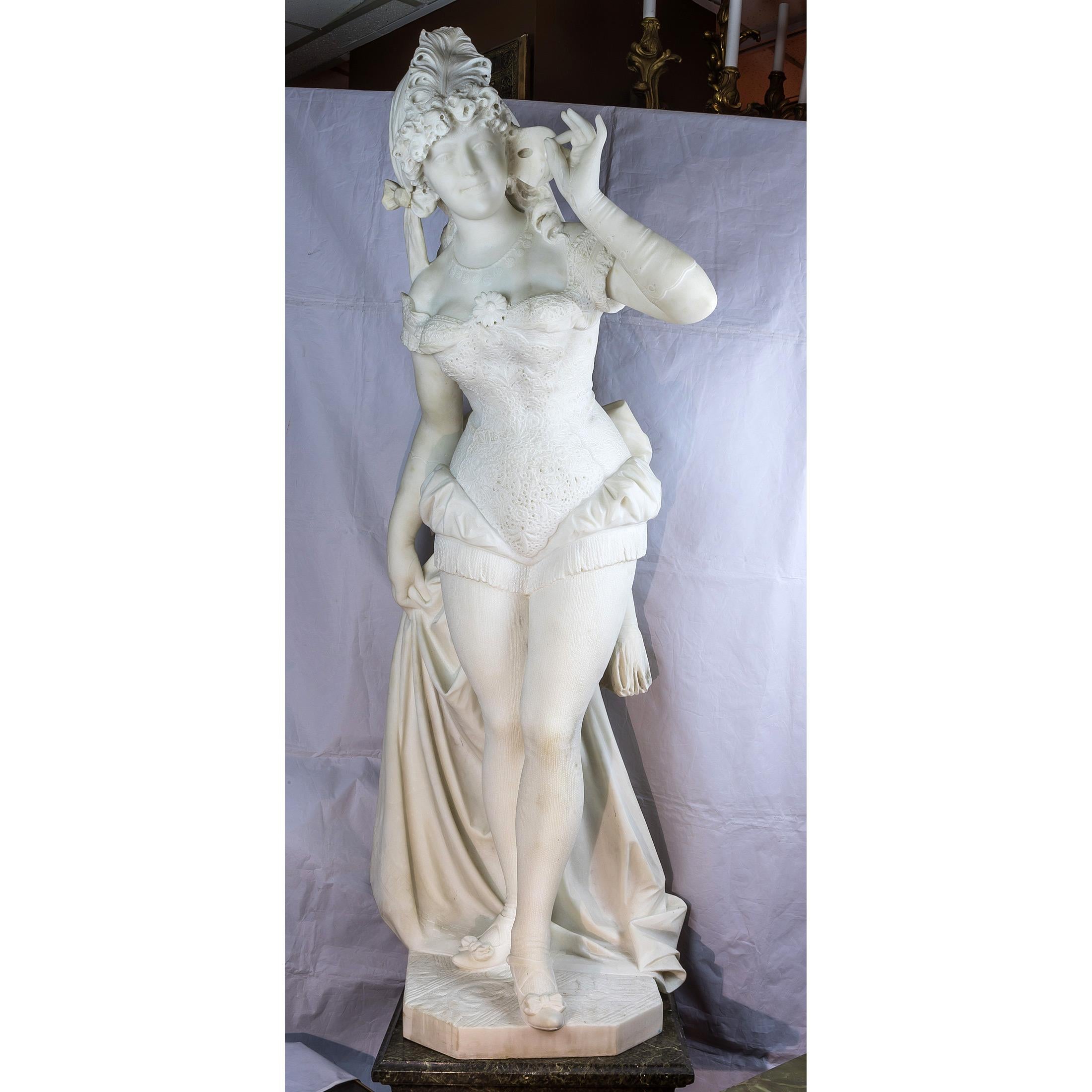 Carved Italian White Marble Sculpture of an Elegant Woman in a Masquerade by F. Galli