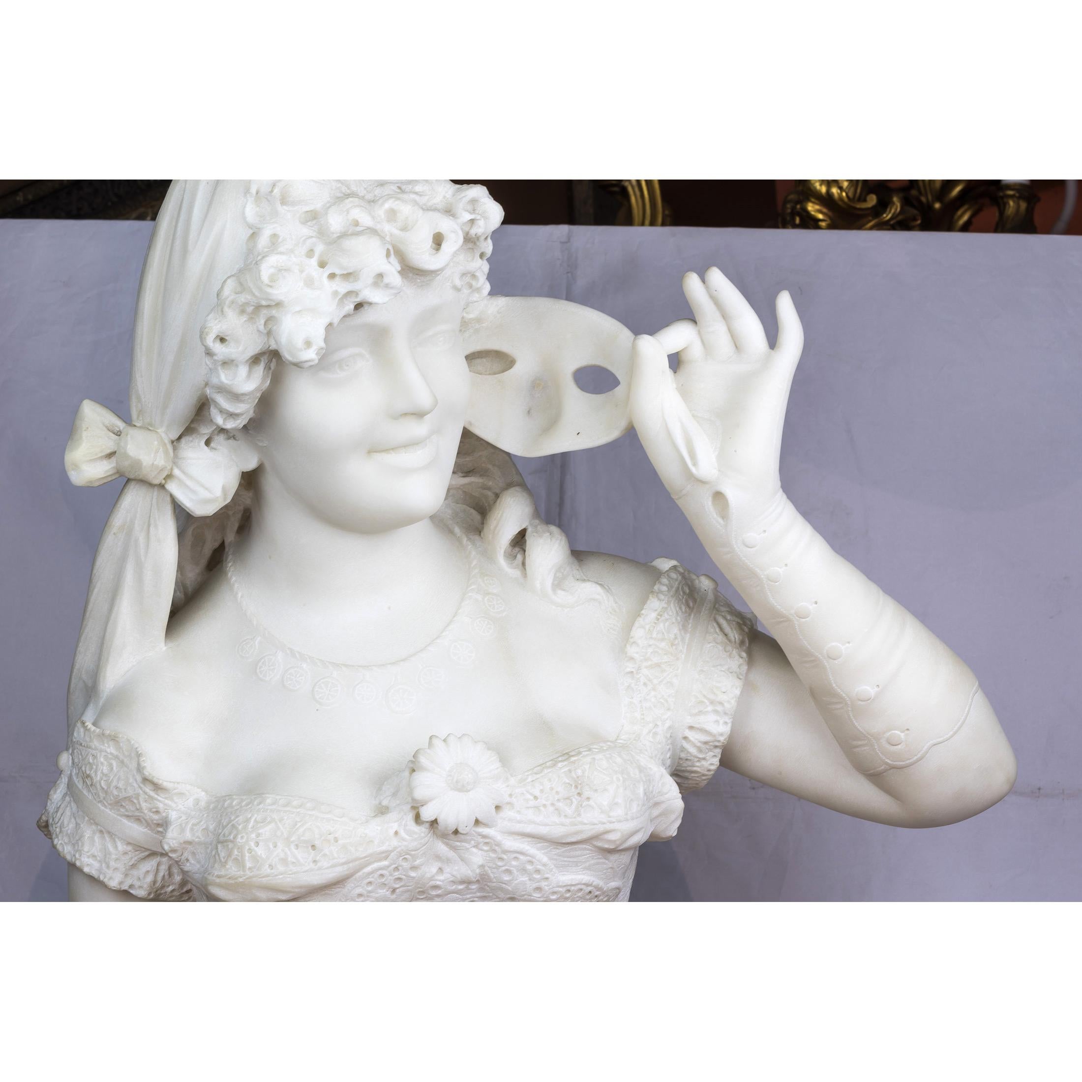 Italian White Marble Sculpture of an Elegant Woman in a Masquerade by F. Galli In Good Condition In New York, NY