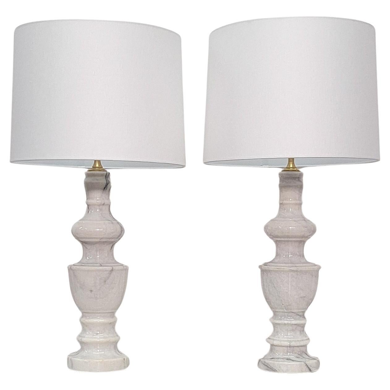 Italian White Marble Table Lamps, Pair