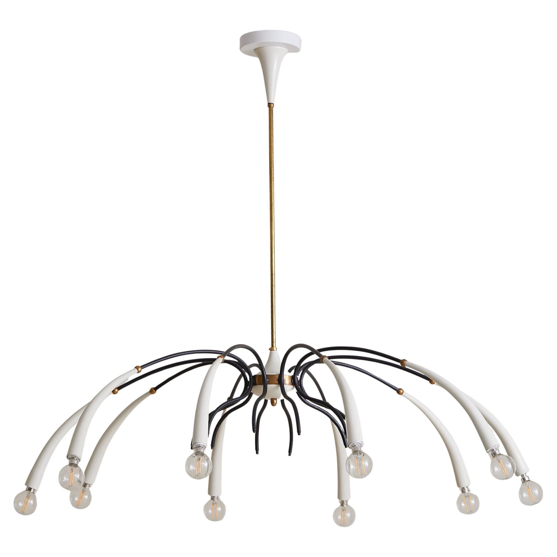 Italian White Metal + Brass Ten-Arm Chandelier Manner of Oscar Torlasco, 1950s