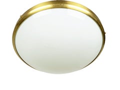 Italian white opaline glass, brass & black metal 1950s ceiling lamp