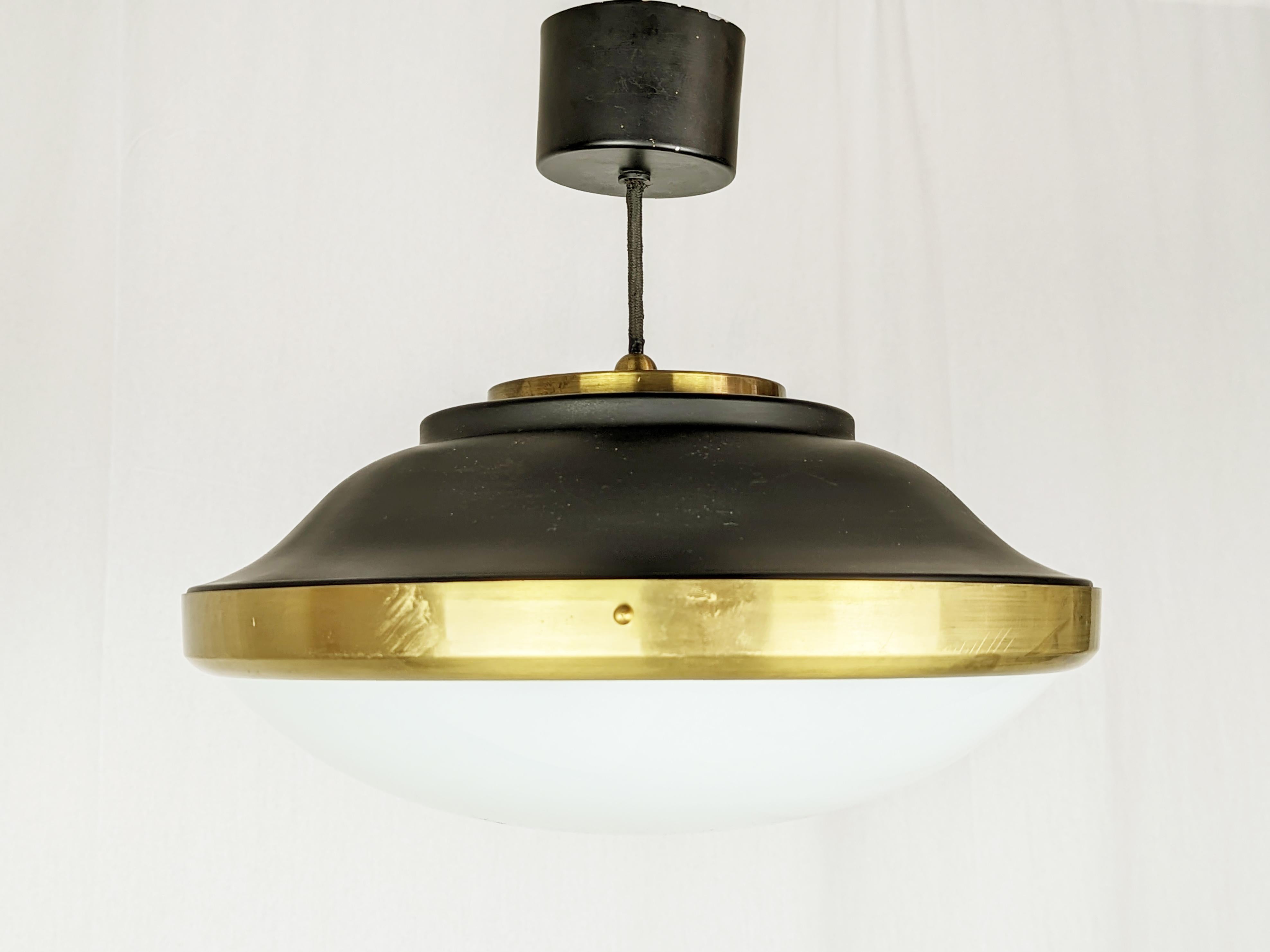 Mid-Century Modern Italian white opaline glass, brass & black metal 1950s ceiling lamp For Sale
