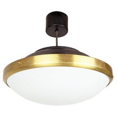 Italian white opaline glass, brass & black metal 1950s ceiling lamp