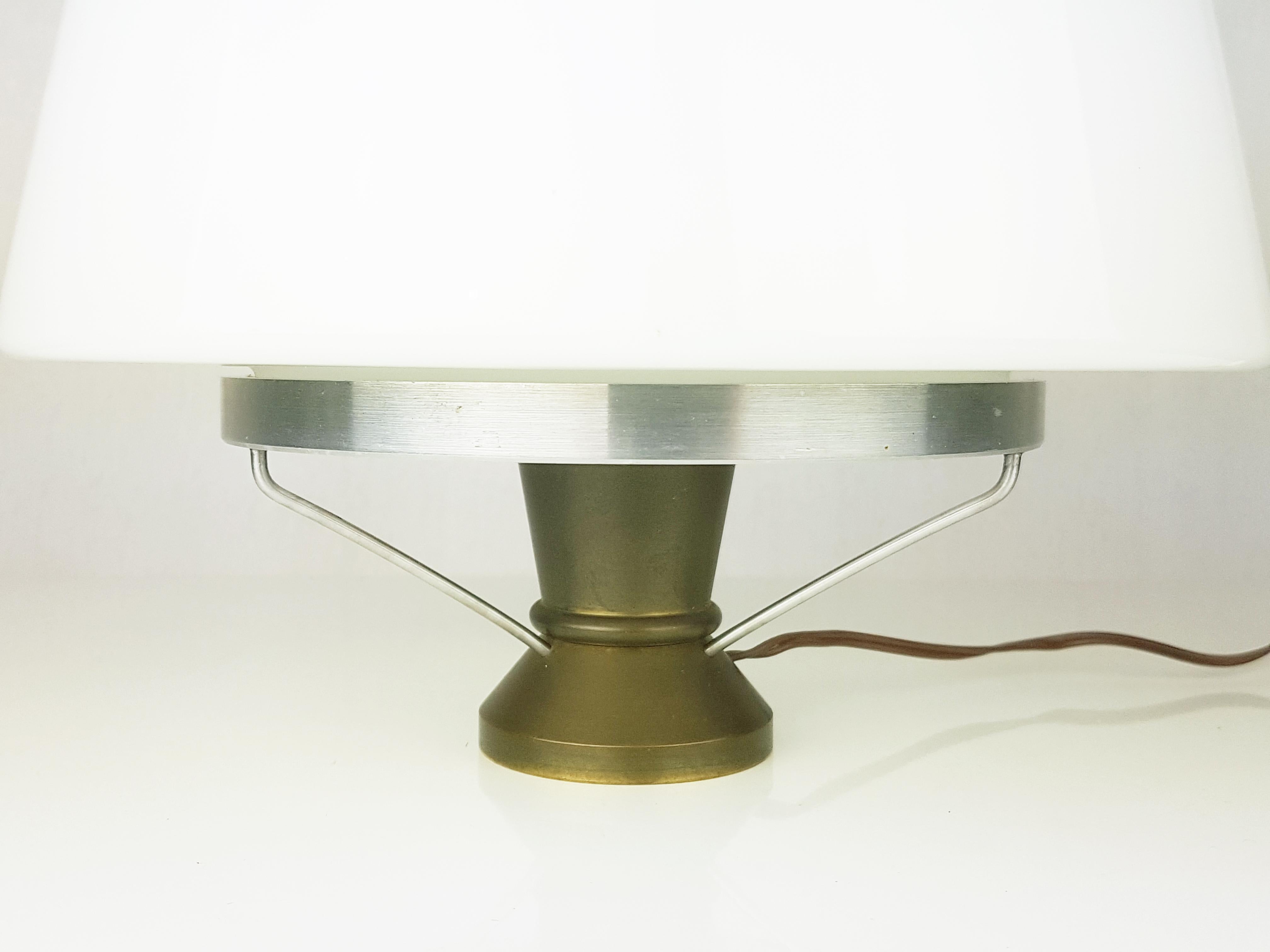 Mid-Century Modern Italian White Opaline Glass Shade, Brass & Aluminum Mid Century Table Lamp For Sale