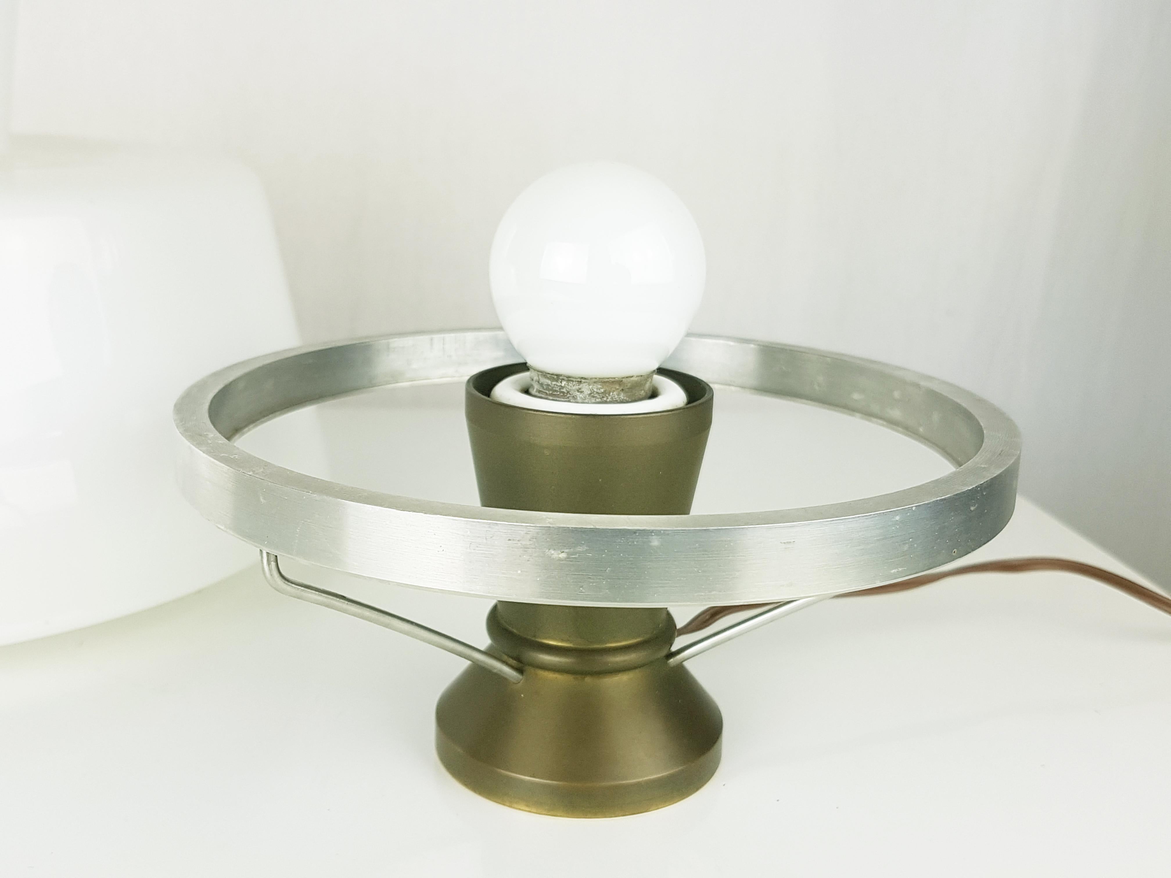 Italian White Opaline Glass Shade, Brass & Aluminum Mid Century Table Lamp For Sale 2