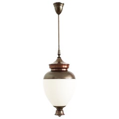Italian White Opaline Glass Shade & Copper 1950s Pendant in the Style of Azucena