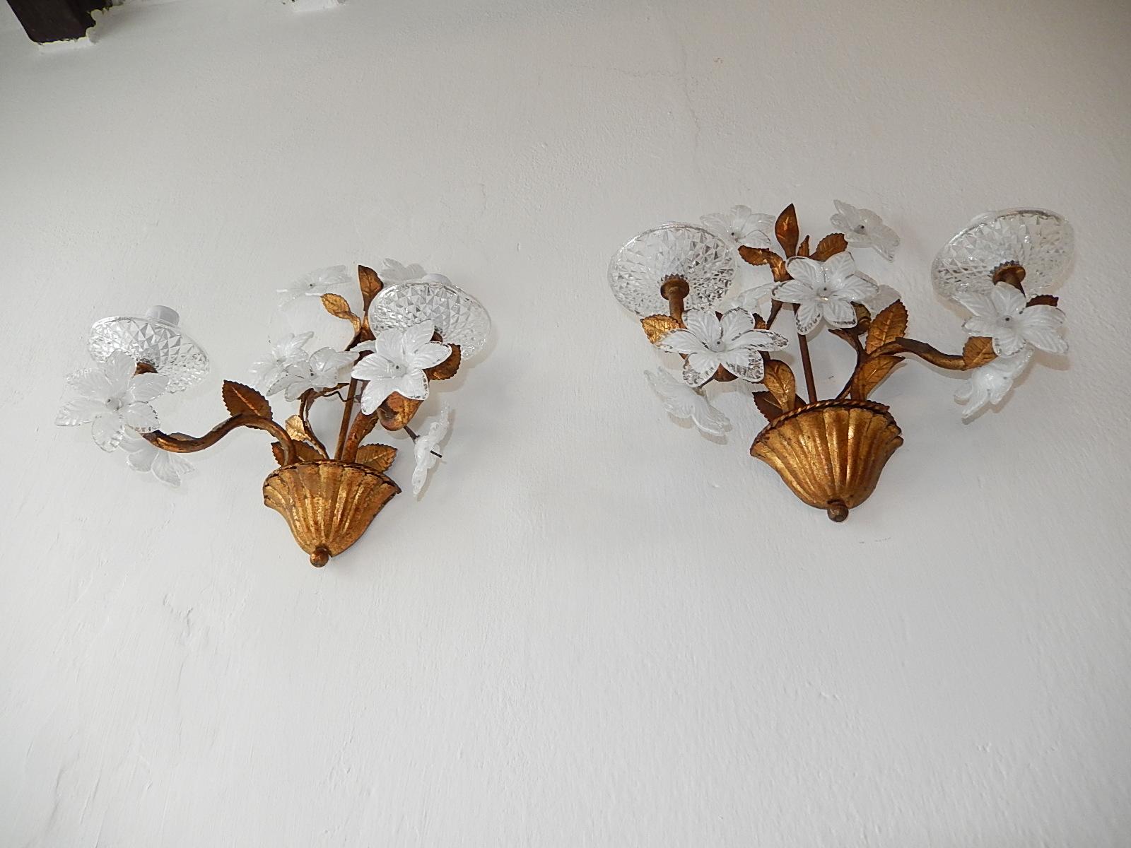 Italian White Opaline Murano Flowers Tole Sconces, circa 1950 4