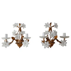 Italian White Opaline Murano Flowers Tole Sconces, circa 1950