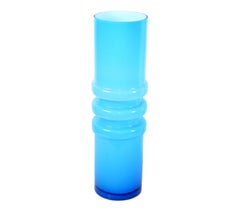 Italian White Opaline & Turquoise Blown Murano Art Glass Flower Vase Midcentury