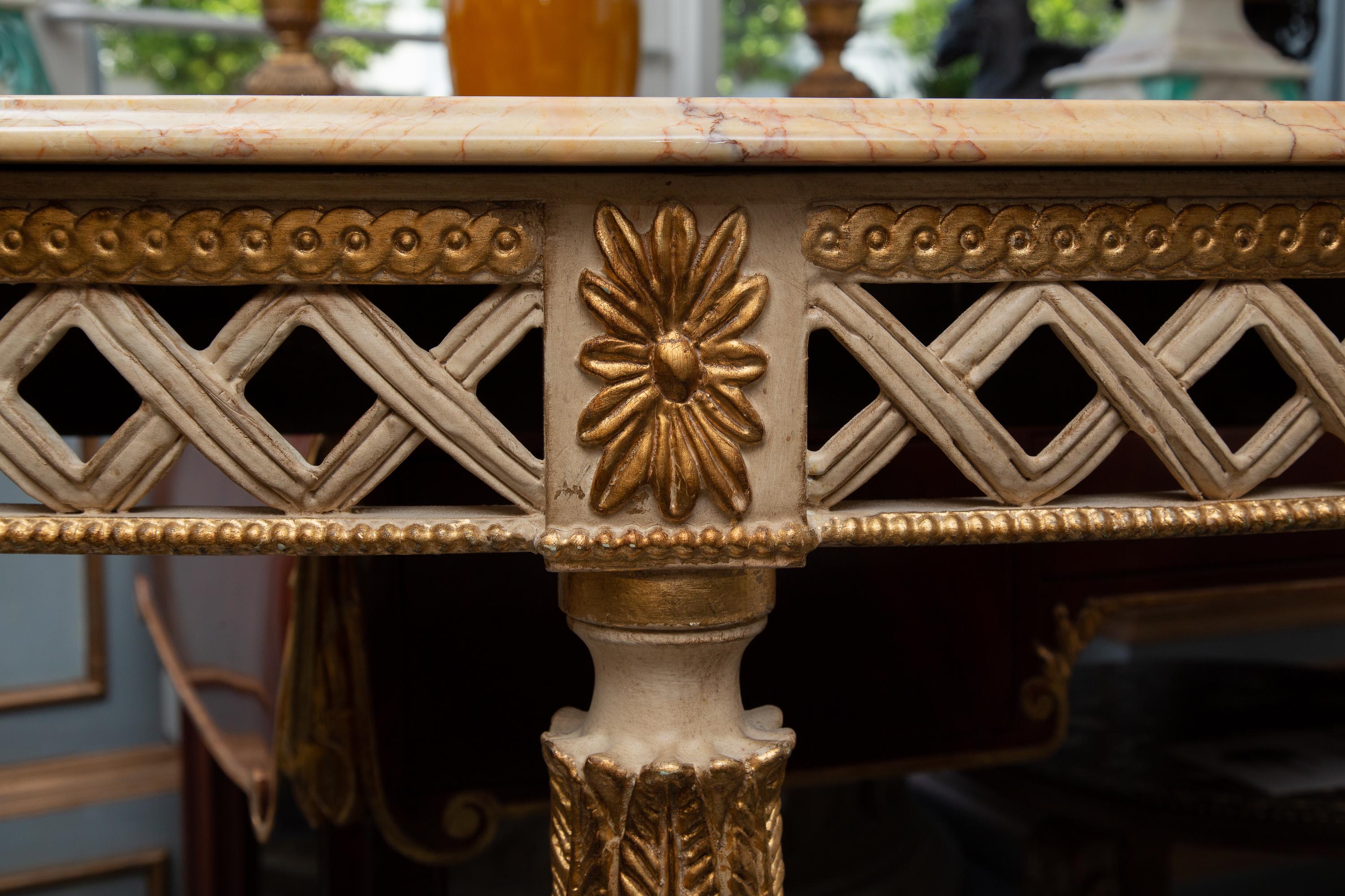 Wood Italian White Painted and Parcel Gilt Demilune Console Table with Marble Top For Sale