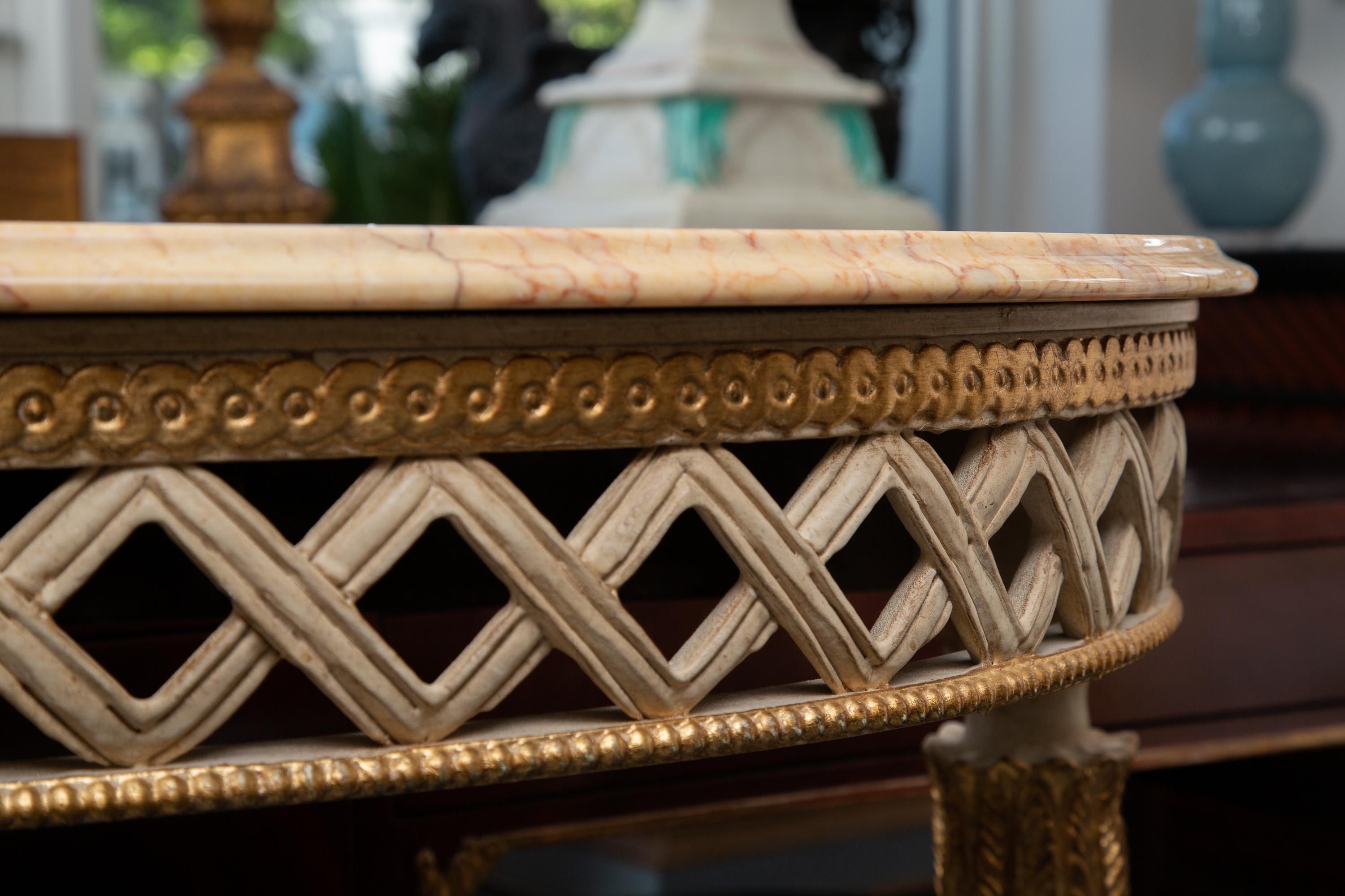 Italian White Painted and Parcel Gilt Demilune Console Table with Marble Top For Sale 1