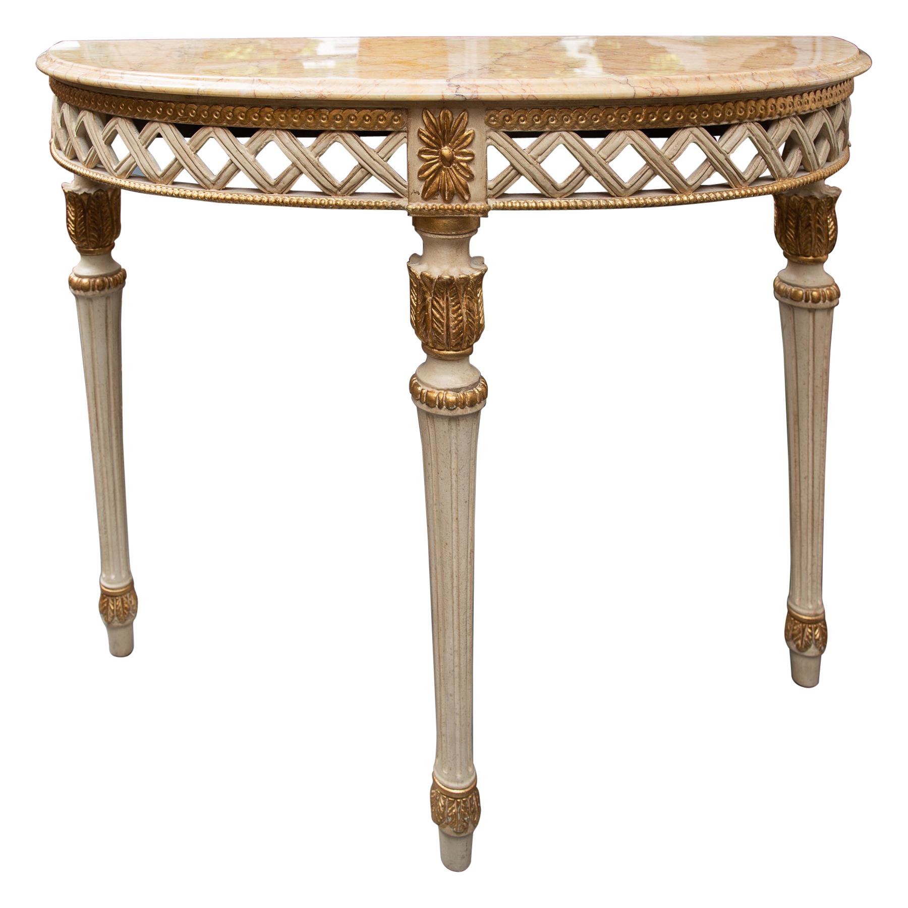 Italian White Painted and Parcel Gilt Demilune Console Table with Marble Top For Sale
