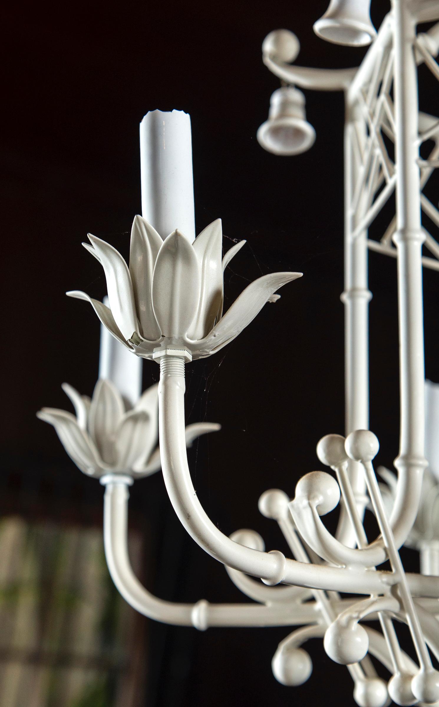 Late 20th Century Italian White Painted Metal Chinoiserie Chandelier with Bells For Sale