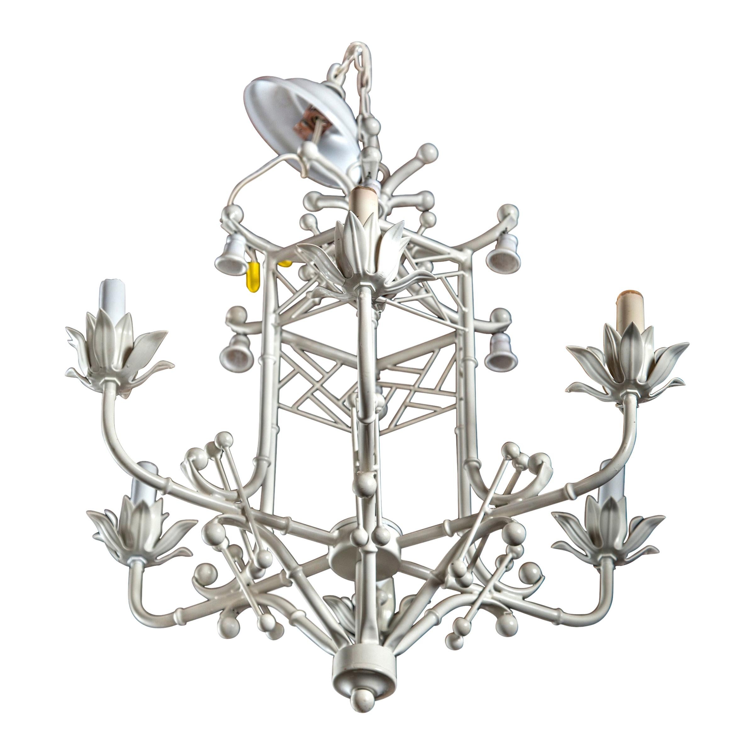 Italian White Painted Metal Chinoiserie Chandelier with Bells For Sale