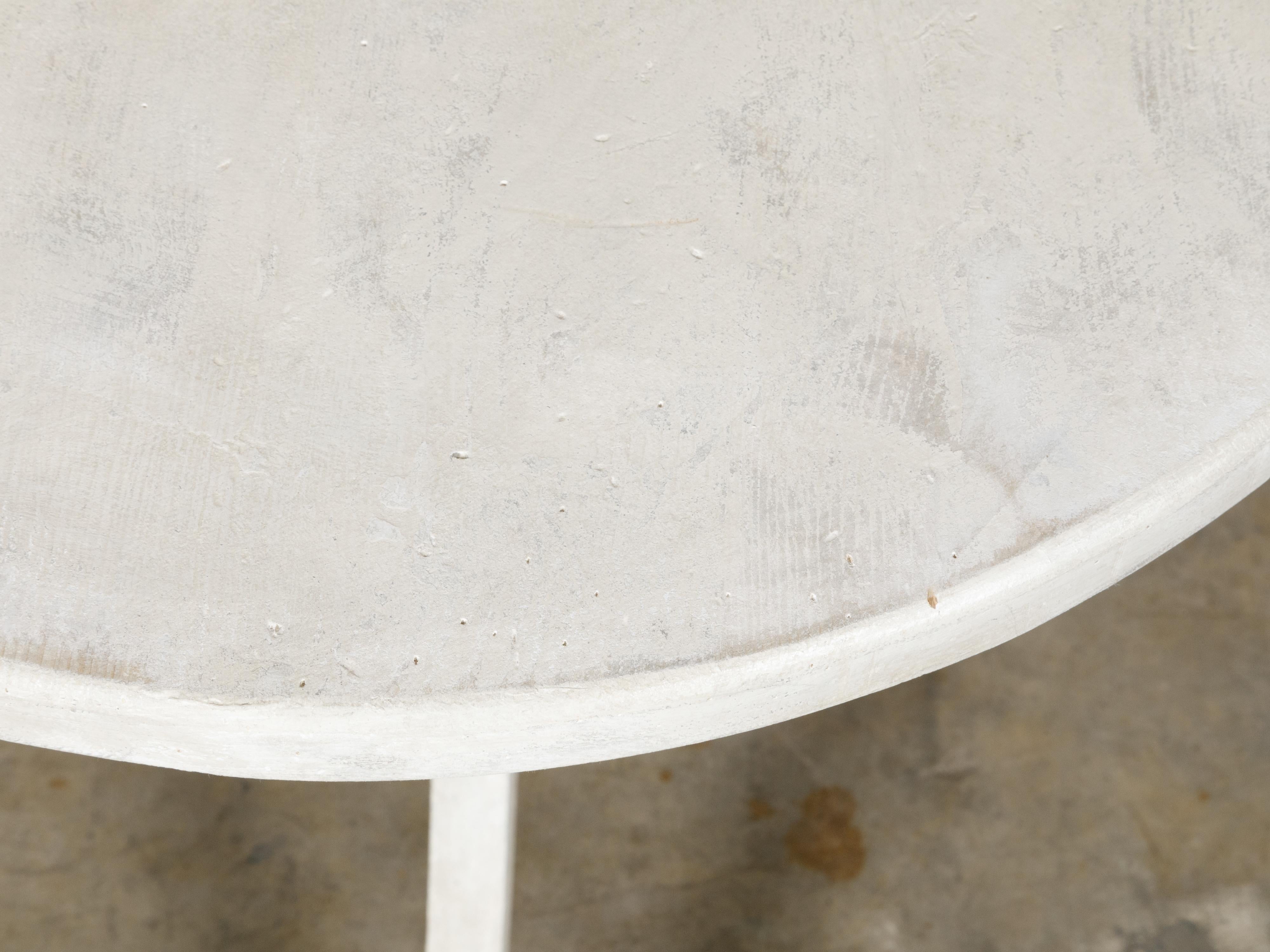 Carved Italian White Painted Round Top Side Table with Tripod Scrolling Legs, Vintage For Sale