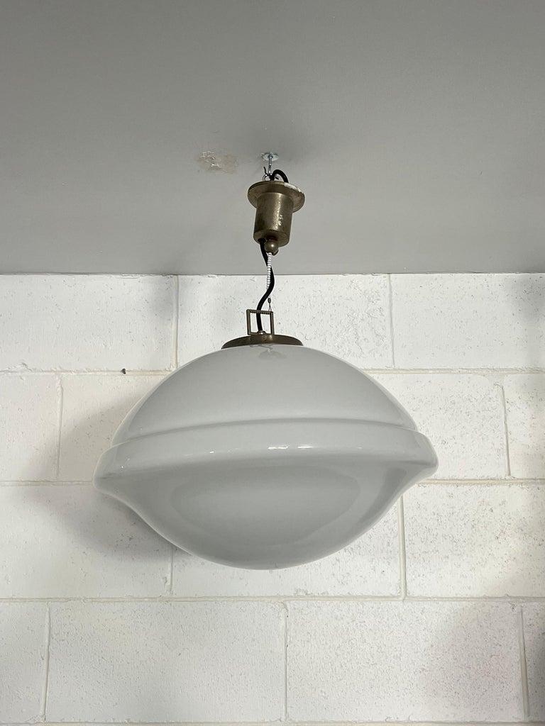 Space Age Italian White Pendant Thick Glass and Brass 1970s For Sale