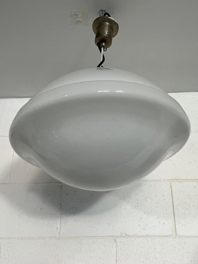 Italian White Pendant Thick Glass and Brass 1970s In Good Condition For Sale In Byron Bay, NSW