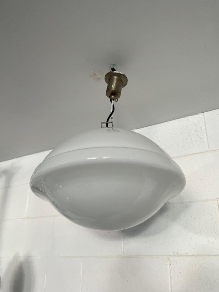 Late 20th Century Italian White Pendant Thick Glass and Brass 1970s For Sale