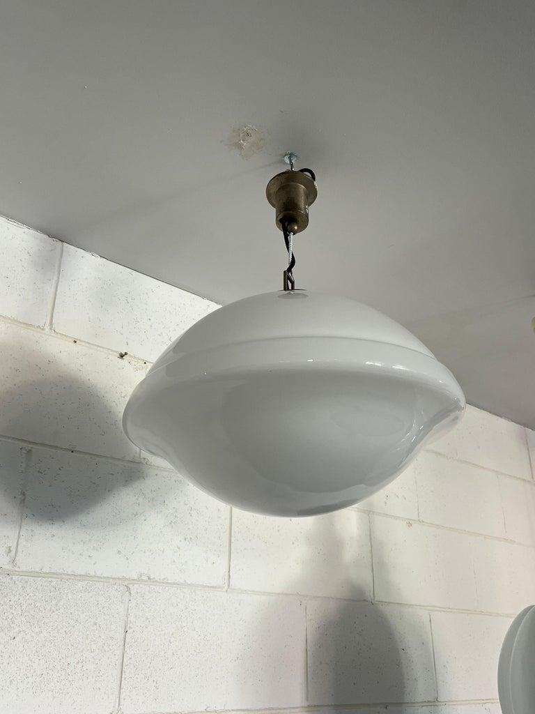 Italian White Pendant Thick Glass and Brass 1970s For Sale 1