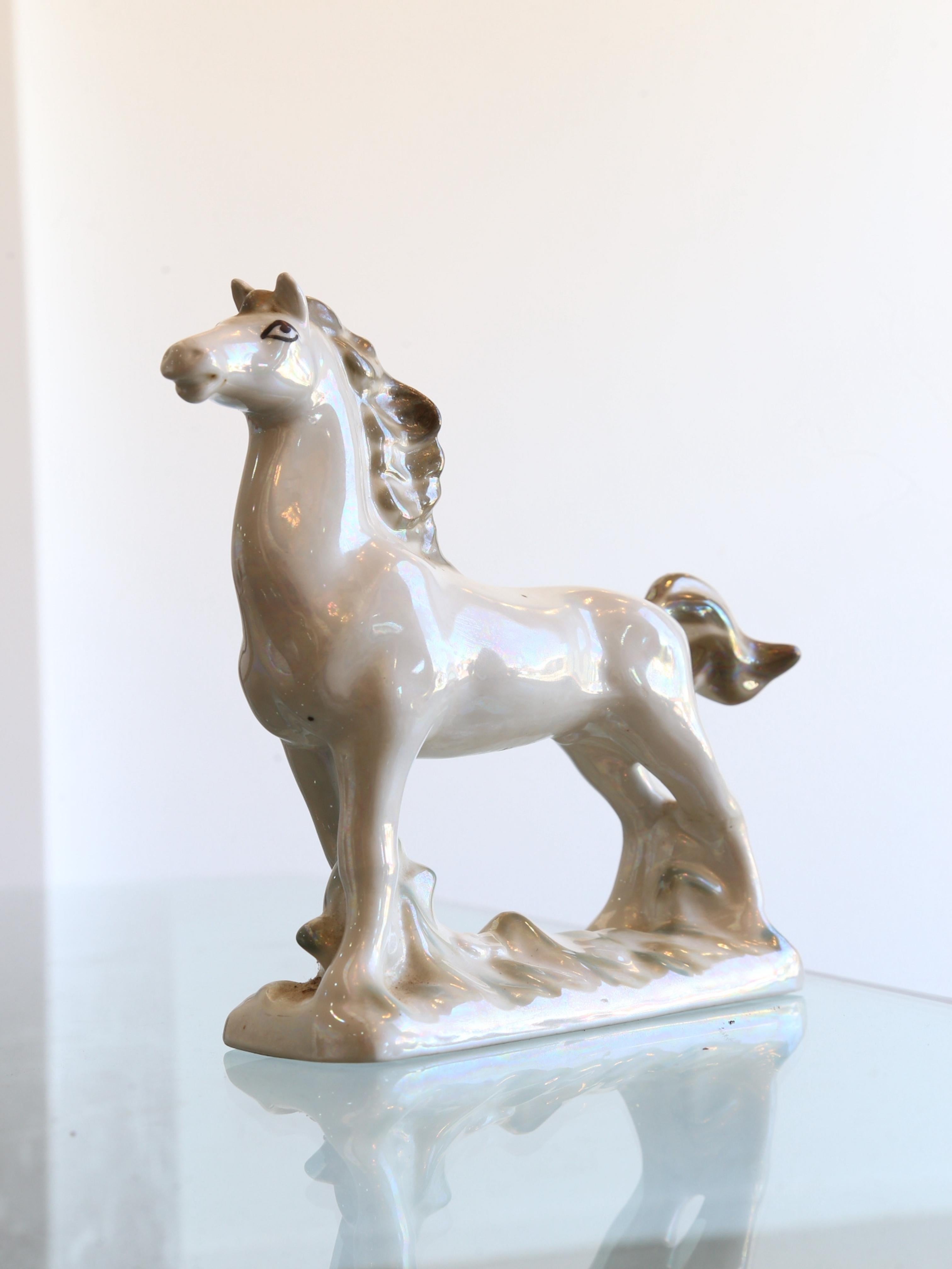 Hand-Crafted Italian White Perl Ceramic Horse, 1970s For Sale