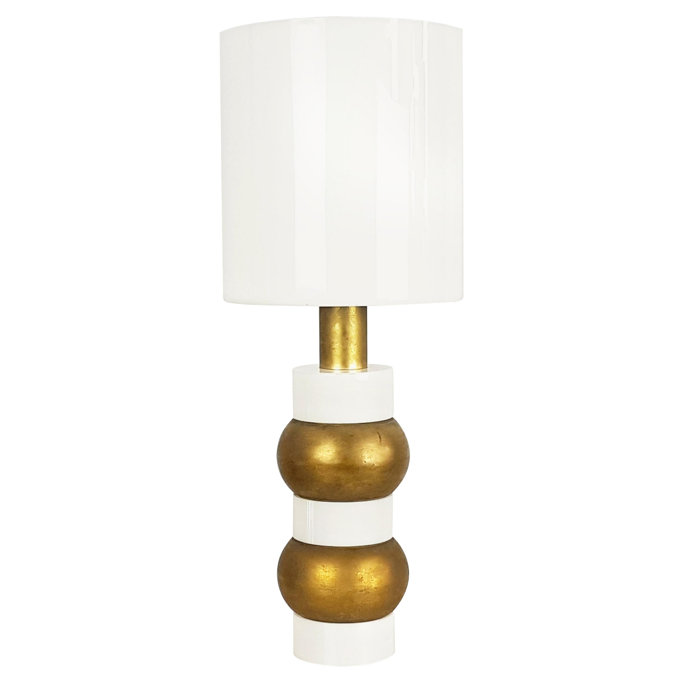 Italian White Perspex and Golden Metal 1960s Table Lamp with Cylindrical Shade