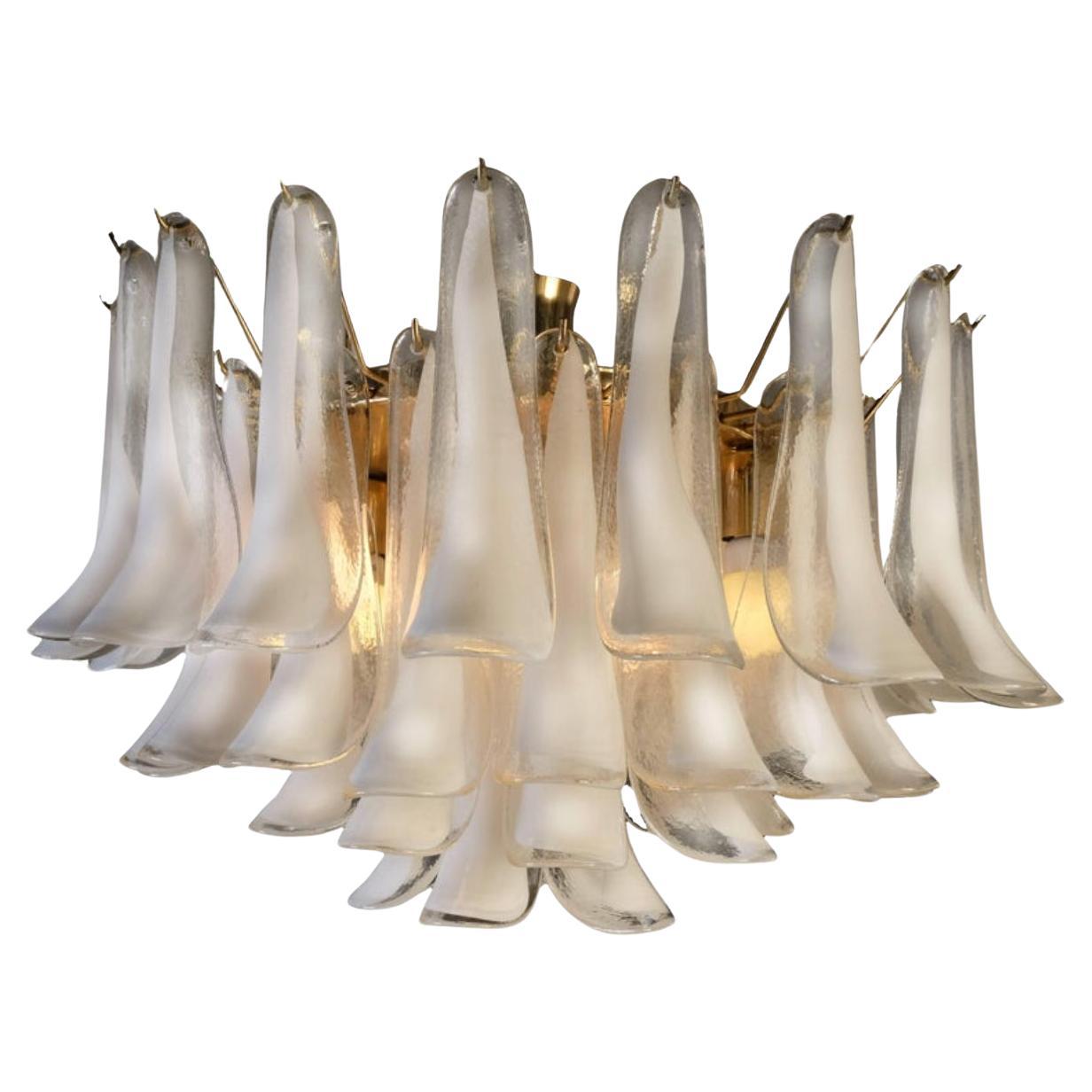 Murano Italian glass chandelier. Fantastic chandelier with trasparent and white “lattimo” glasses, nickel-plated metal frame. It has 53 big monumental petals glass. The glasses are very high quality, the photos do not do the beauty, luster of these