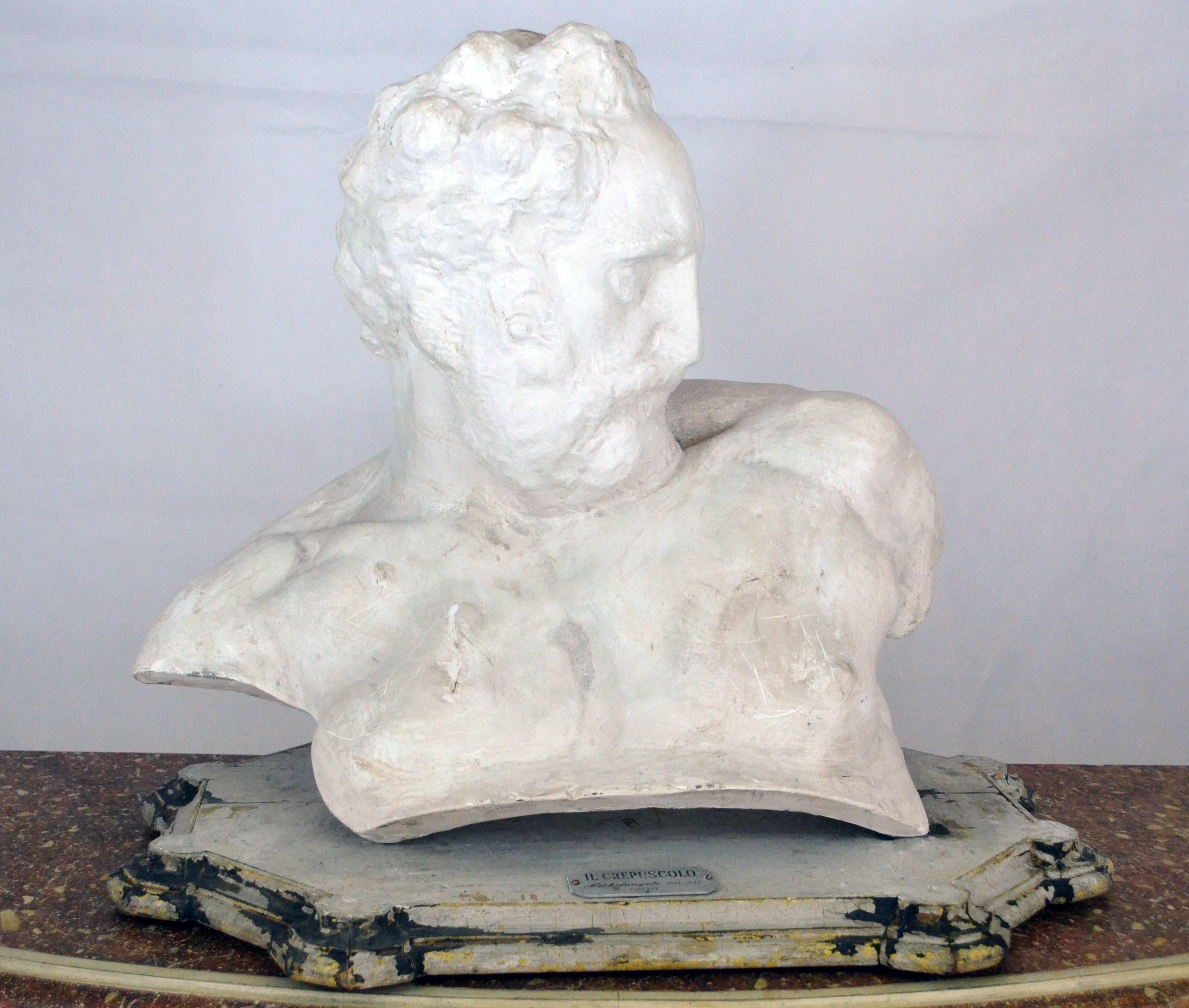 Italian white big plaster bust academic representation of Crepuscolo, 1950s

Originally the sunset by Michelangelo Buonarroti was made in marble circa 1524 to decorate San Lorenzo sacristy in Florence, as it is stated in the label on the