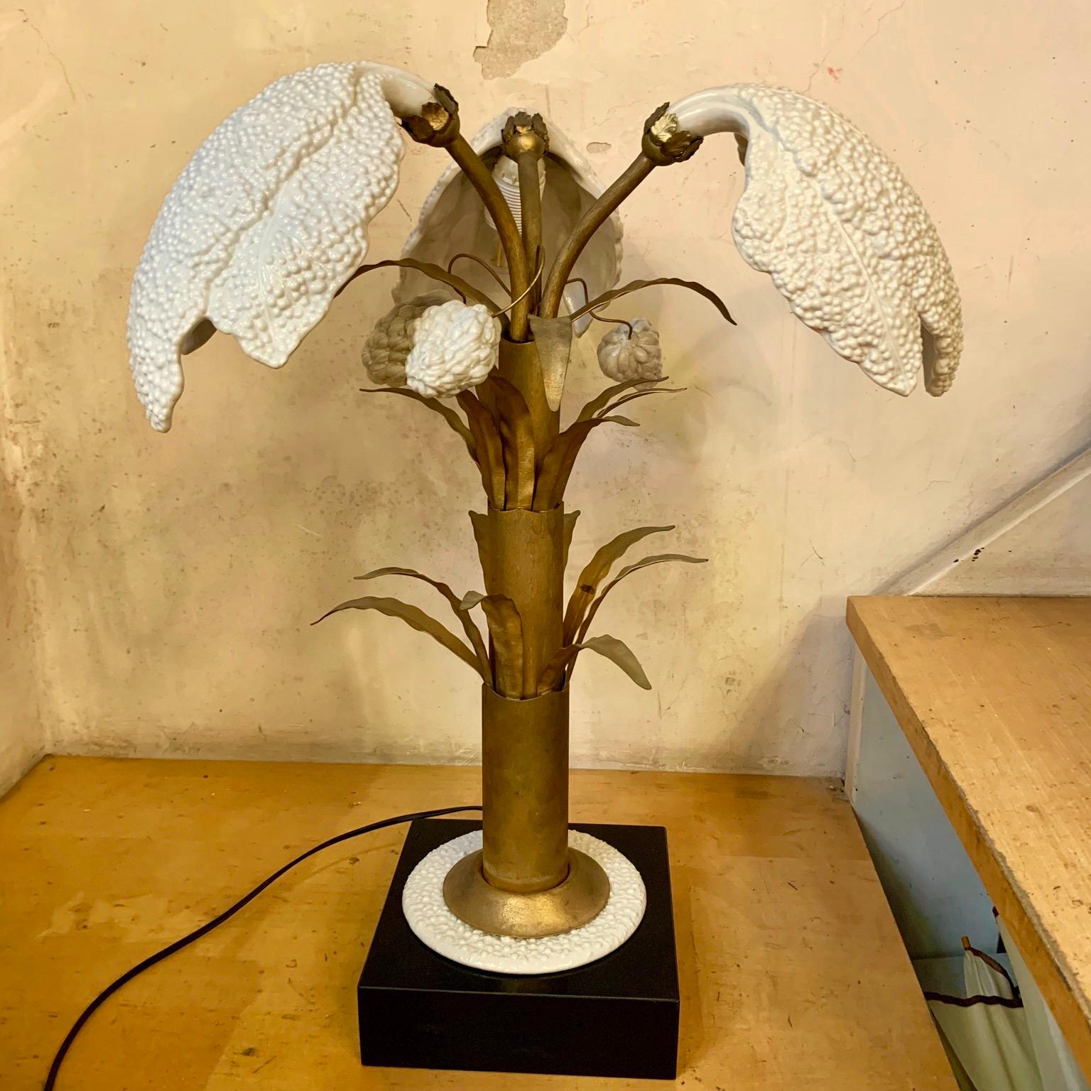 Italian White Porcelain and Brass Table Lamp Plant Shaped, 1970 4