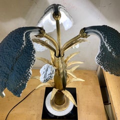 Italian White Porcelain and Brass Table Lamp Plant Shaped, 1970
