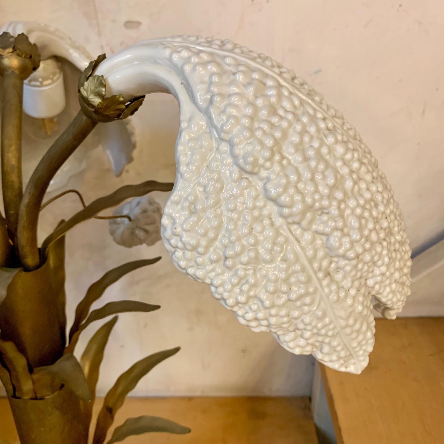 Italian White Porcelain and Brass Table Lamp Plant Shaped, 1970 3