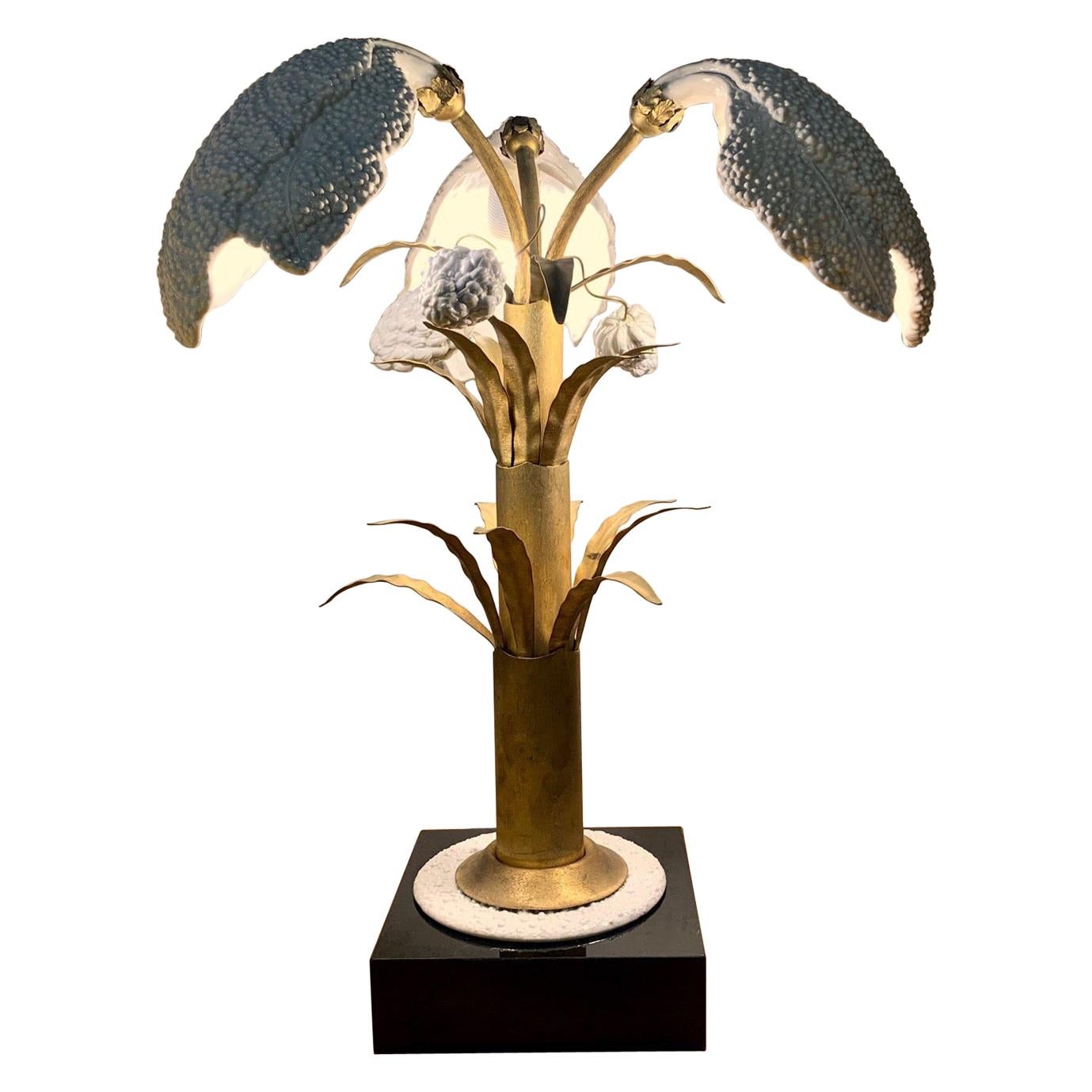 Italian White Porcelain and Brass Table Lamp Plant Shaped, 1970