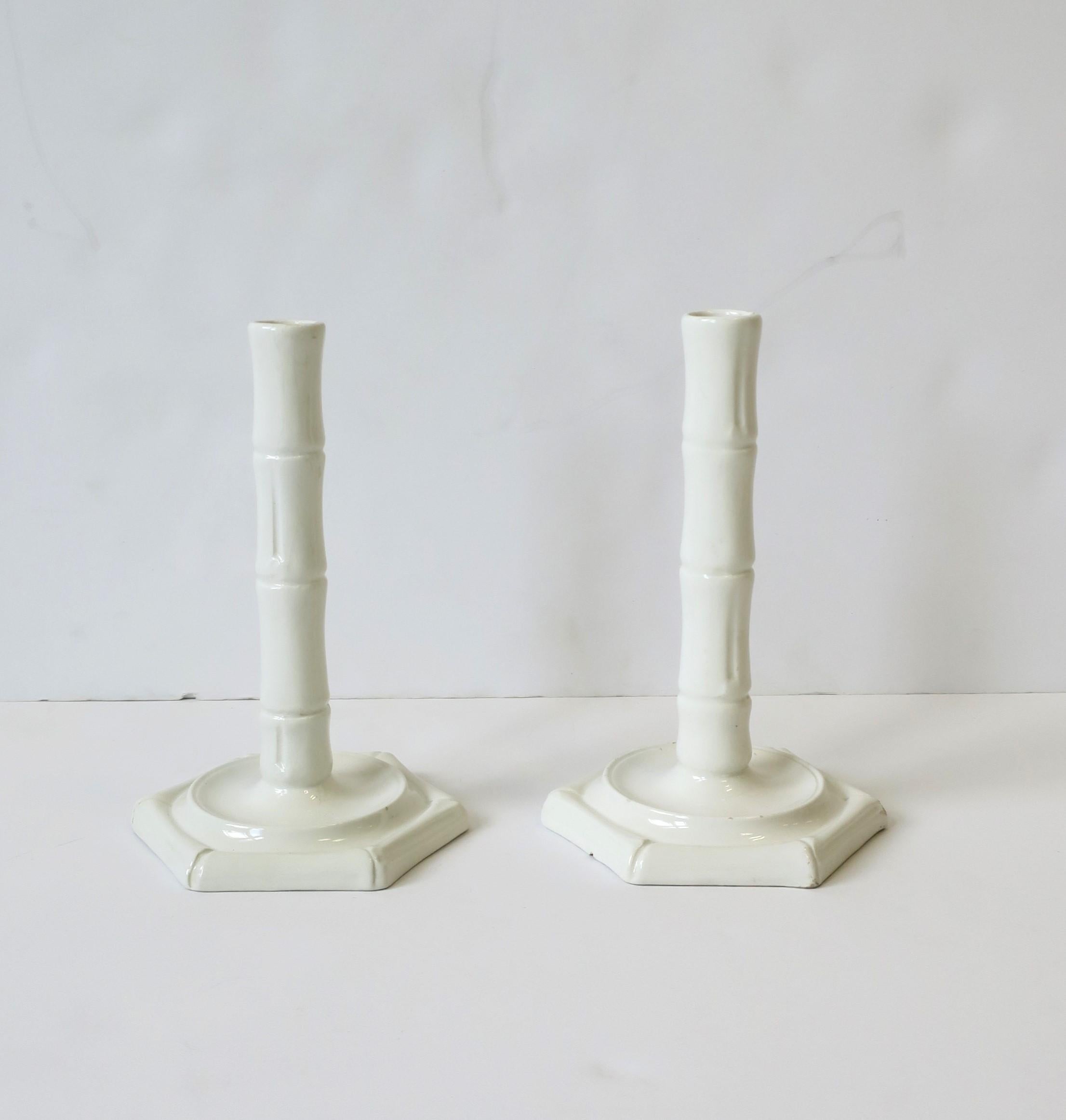 Chinoiserie Italian White Porcelain Bamboo Candlesticks Holders, Pair For Sale