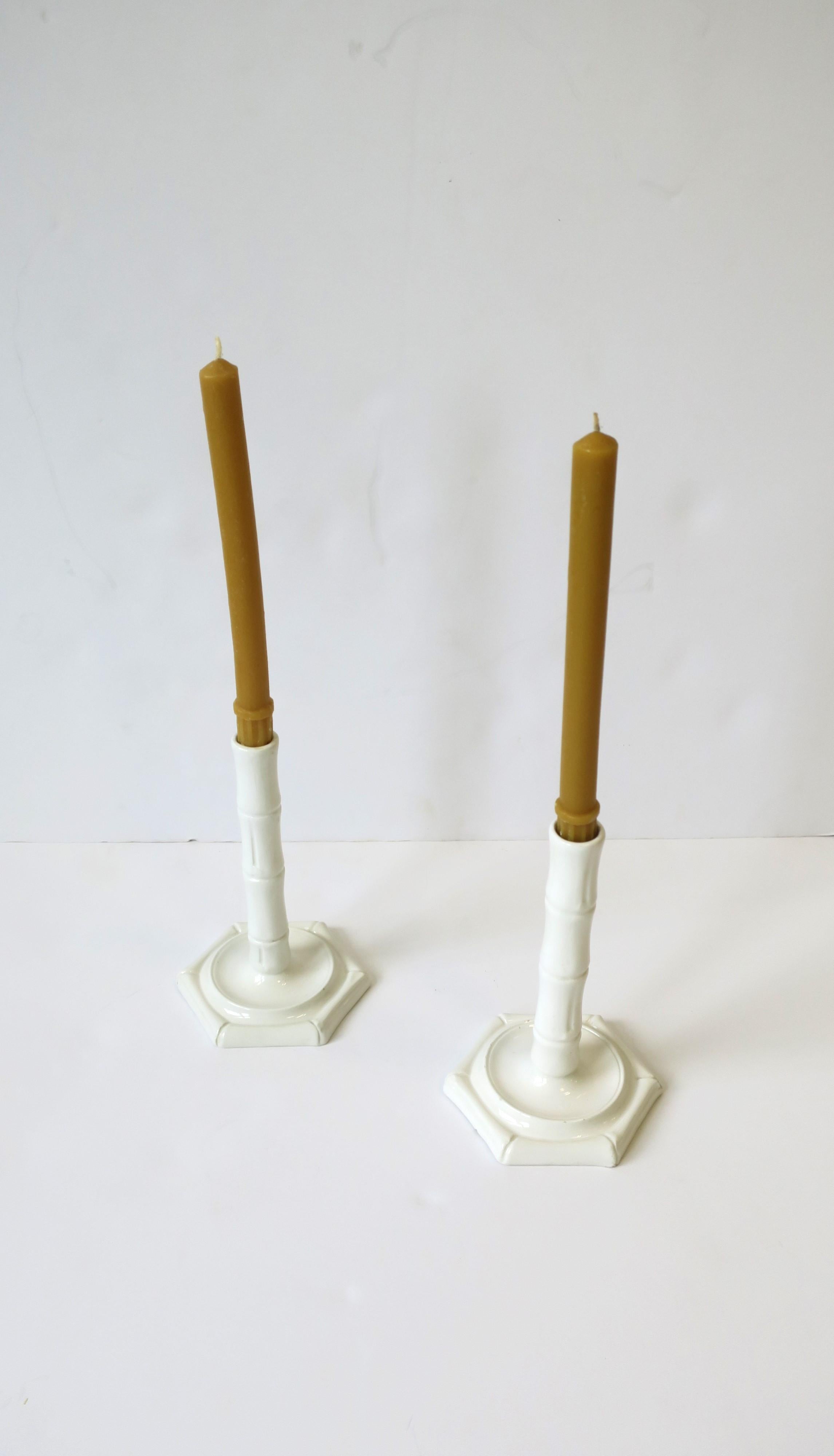 Italian White Porcelain Bamboo Candlesticks Holders, Pair In Good Condition For Sale In New York, NY