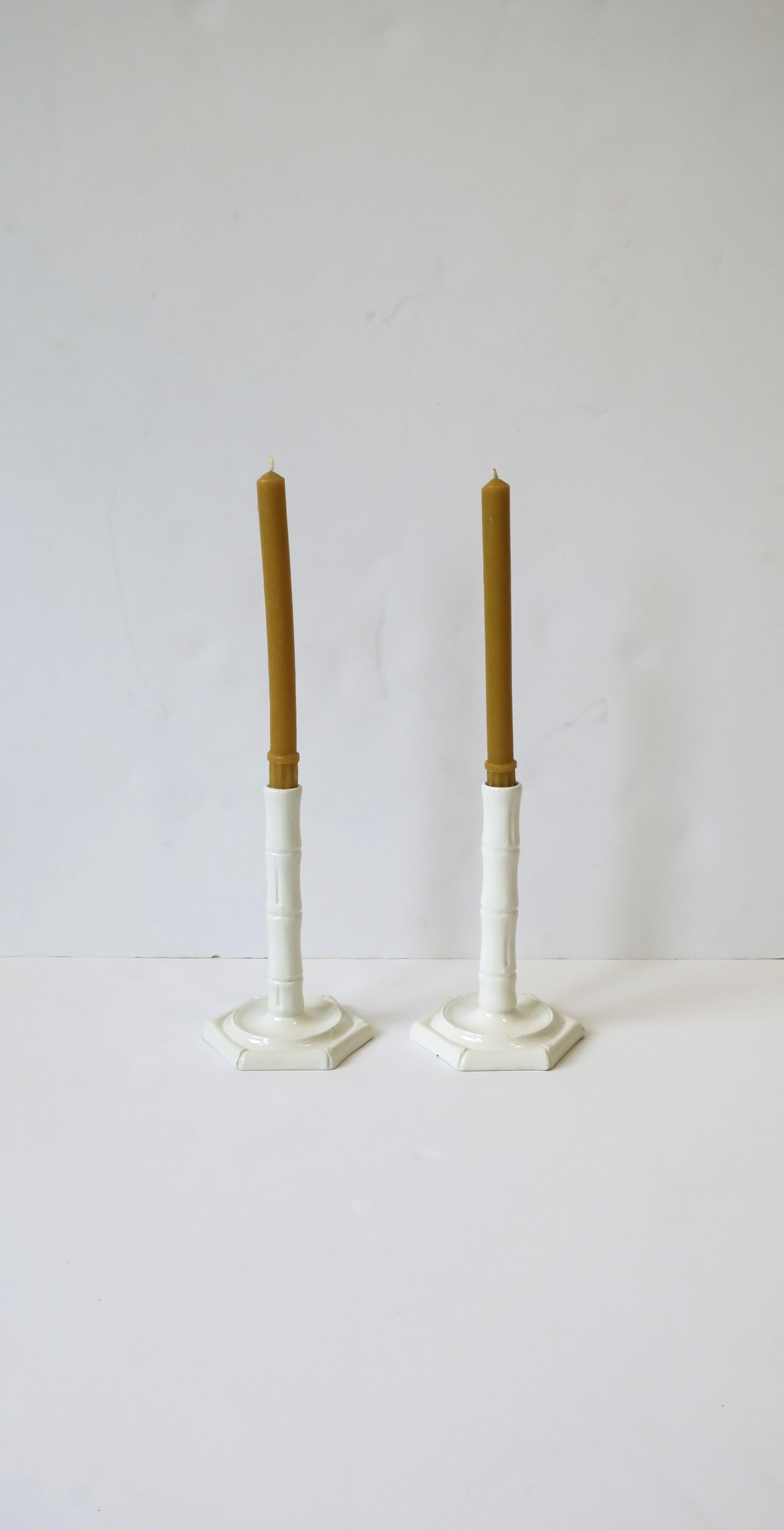 20th Century Italian White Porcelain Bamboo Candlesticks Holders, Pair For Sale