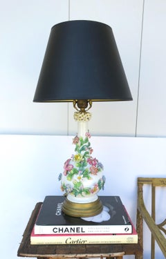 Italian White Porcelain Lamp with Colorful Flowers, Leaves & Vines Capo di Monte